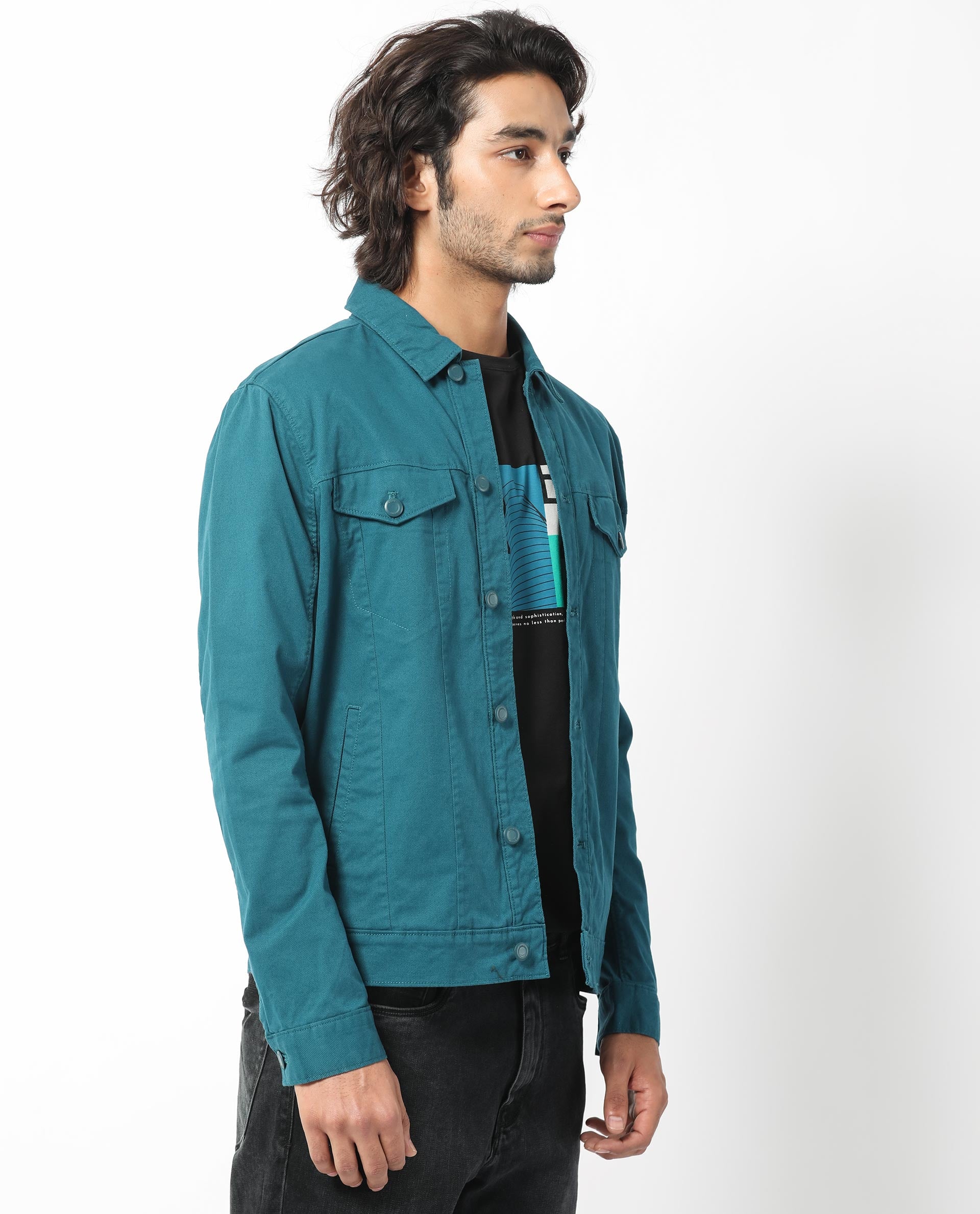 Rare Rabbit Men's Vintage Dark Teal Plain Denim Trucker Jacket