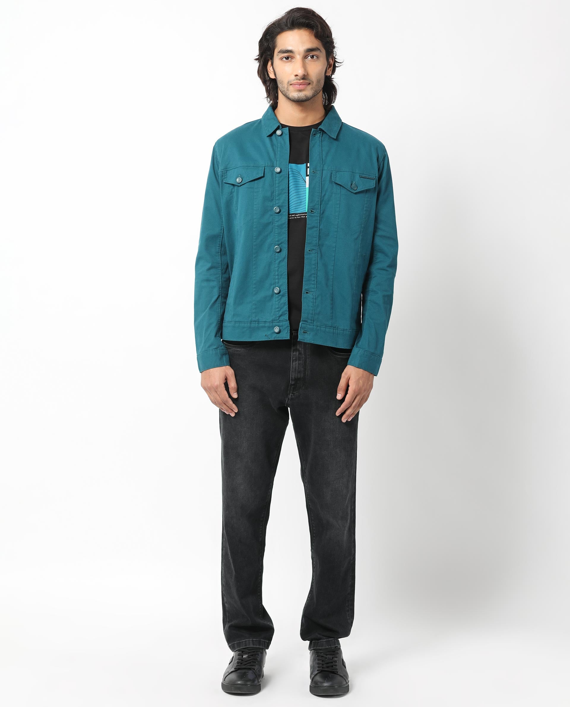 Rare Rabbit Men's Vintage Dark Teal Plain Denim Trucker Jacket