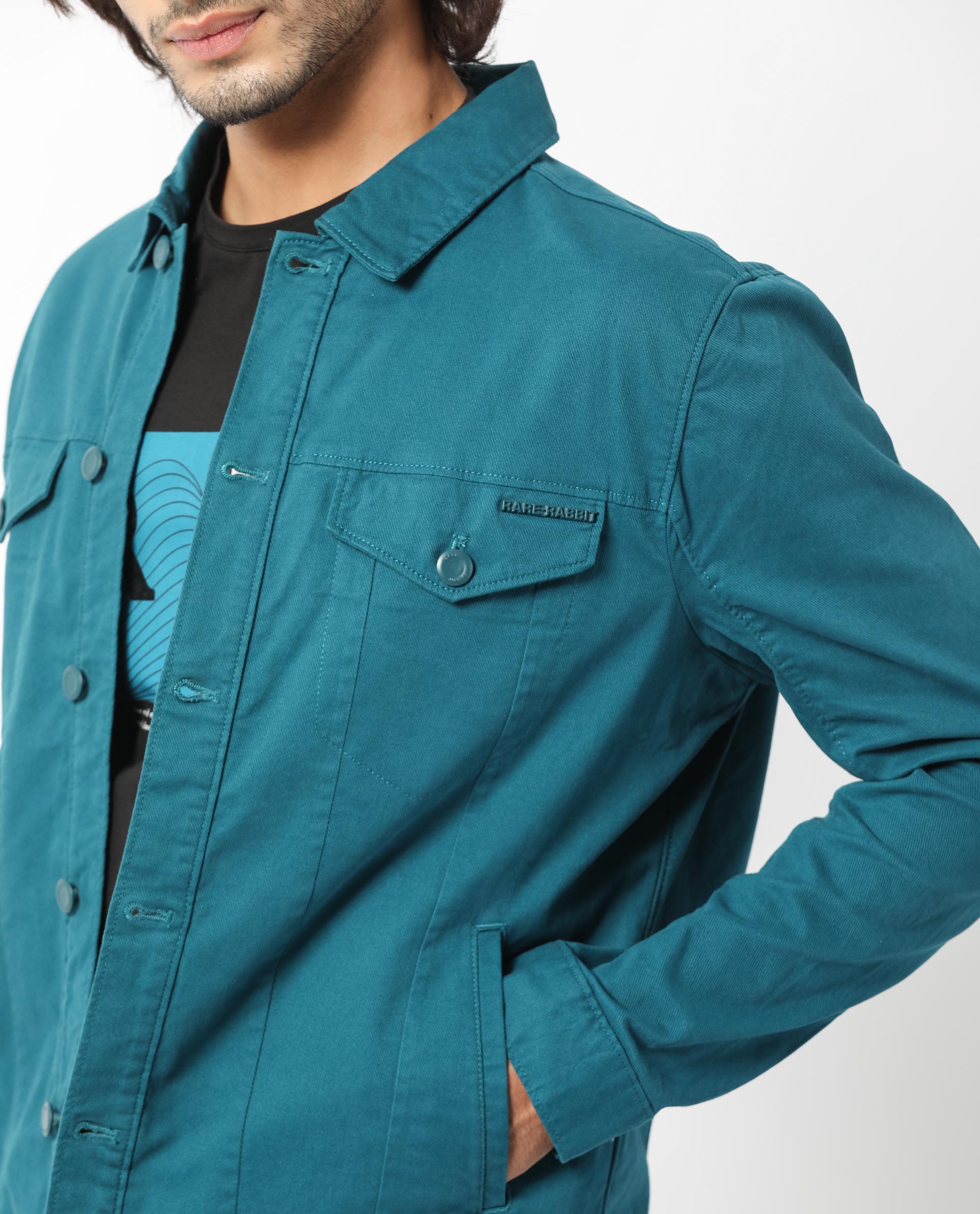 Rare Rabbit Men's Vintage Dark Teal Plain Denim Trucker Jacket