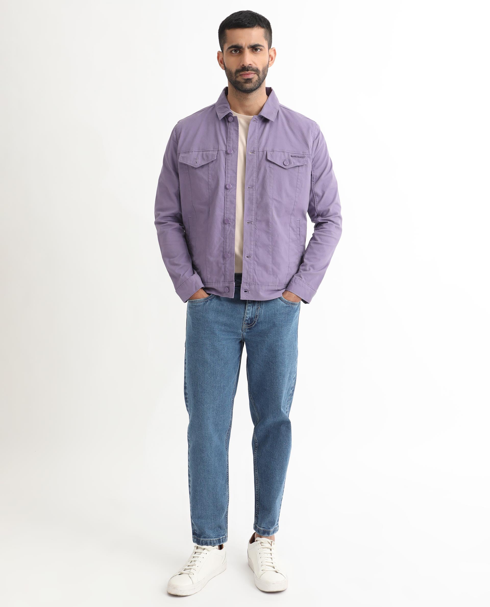 Rare Rabbit Men's Vintage Pastel Purple Plain Denim Trucker Jacket