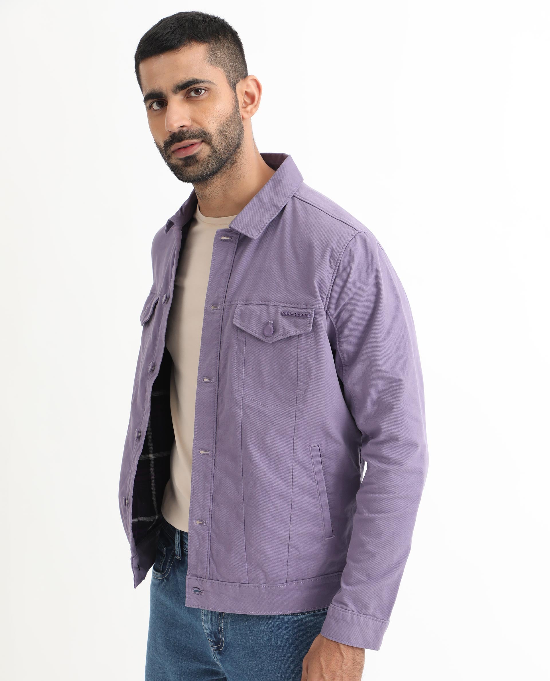Rare Rabbit Men's Vintage Pastel Purple Plain Denim Trucker Jacket