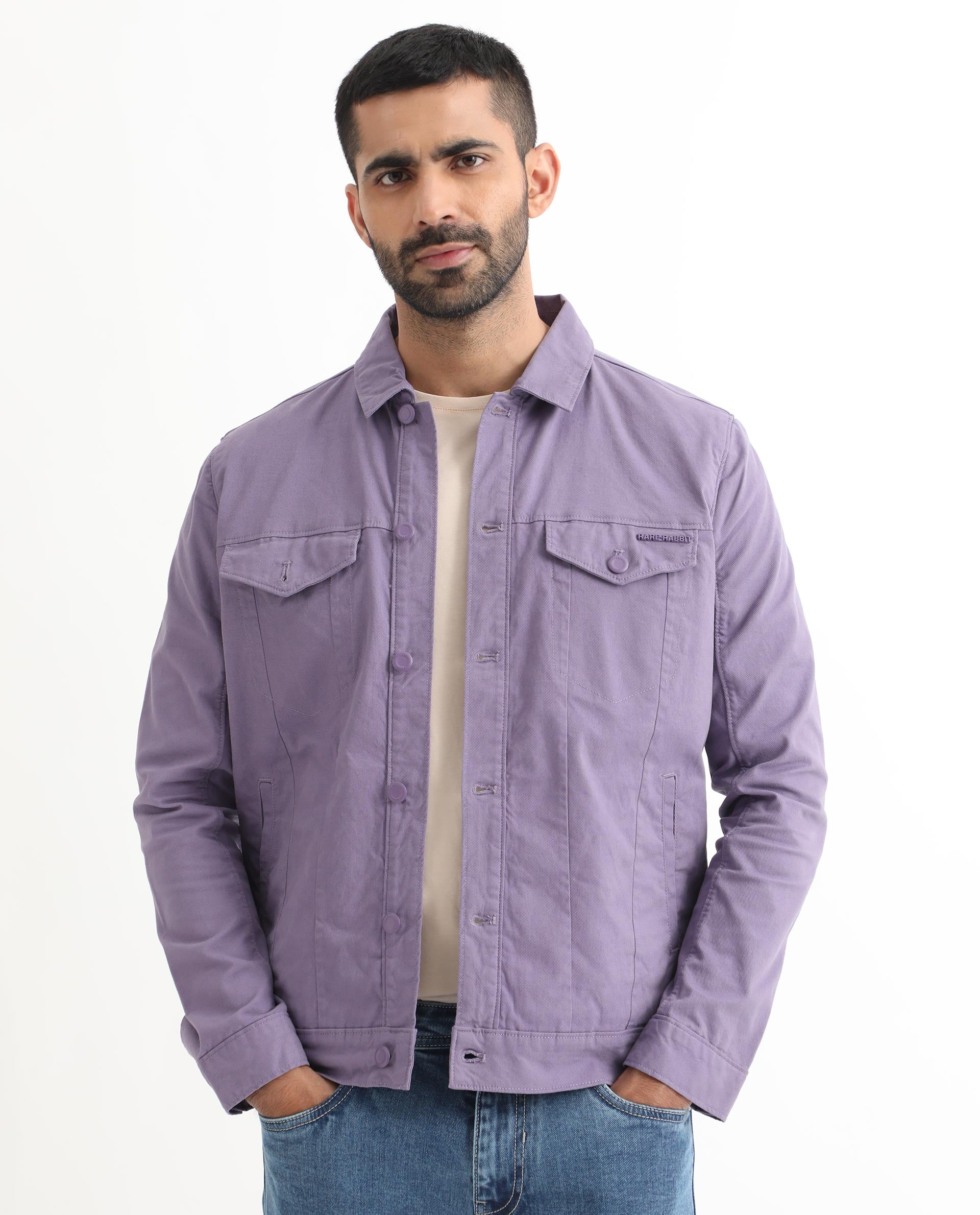 Rare Rabbit Men's Vintage Pastel Purple Plain Denim Trucker Jacket