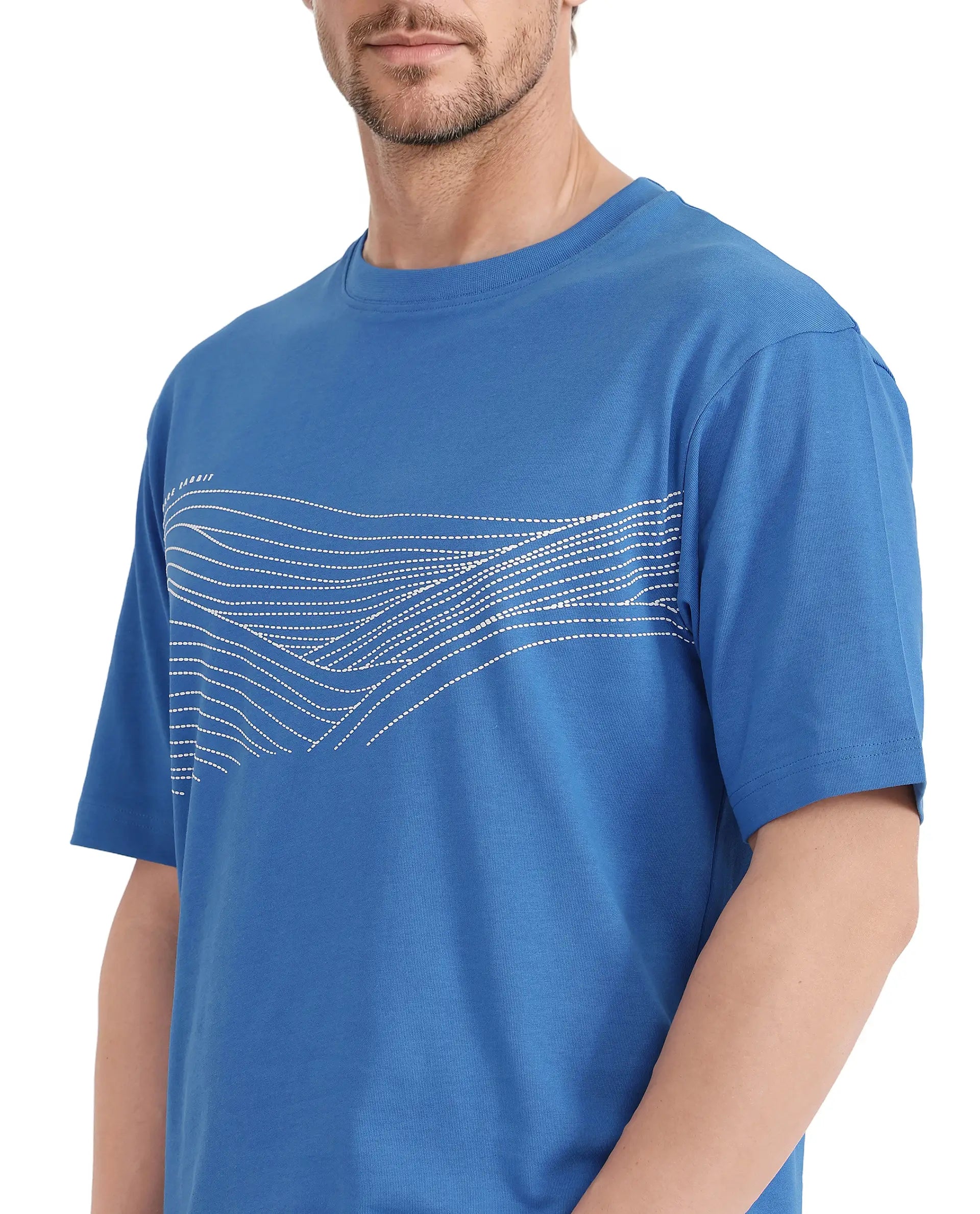 Rare Rabbit Men Vint Dusky Blue Cotton Fabric Short Sleeve Crew Neck Qlo Fit HD Print T-Shirt