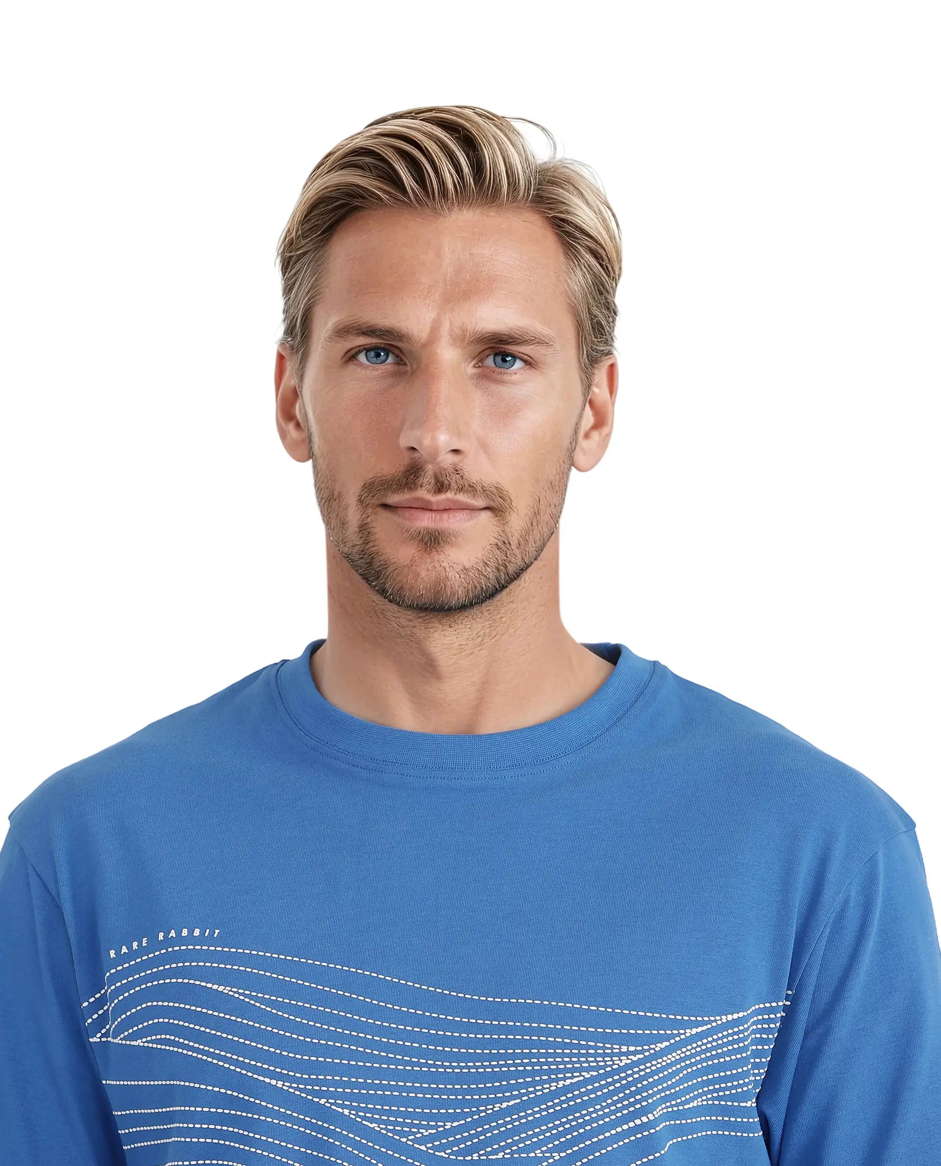 Rare Rabbit Men Vint Dusky Blue Cotton Fabric Short Sleeve Crew Neck Qlo Fit HD Print T-Shirt