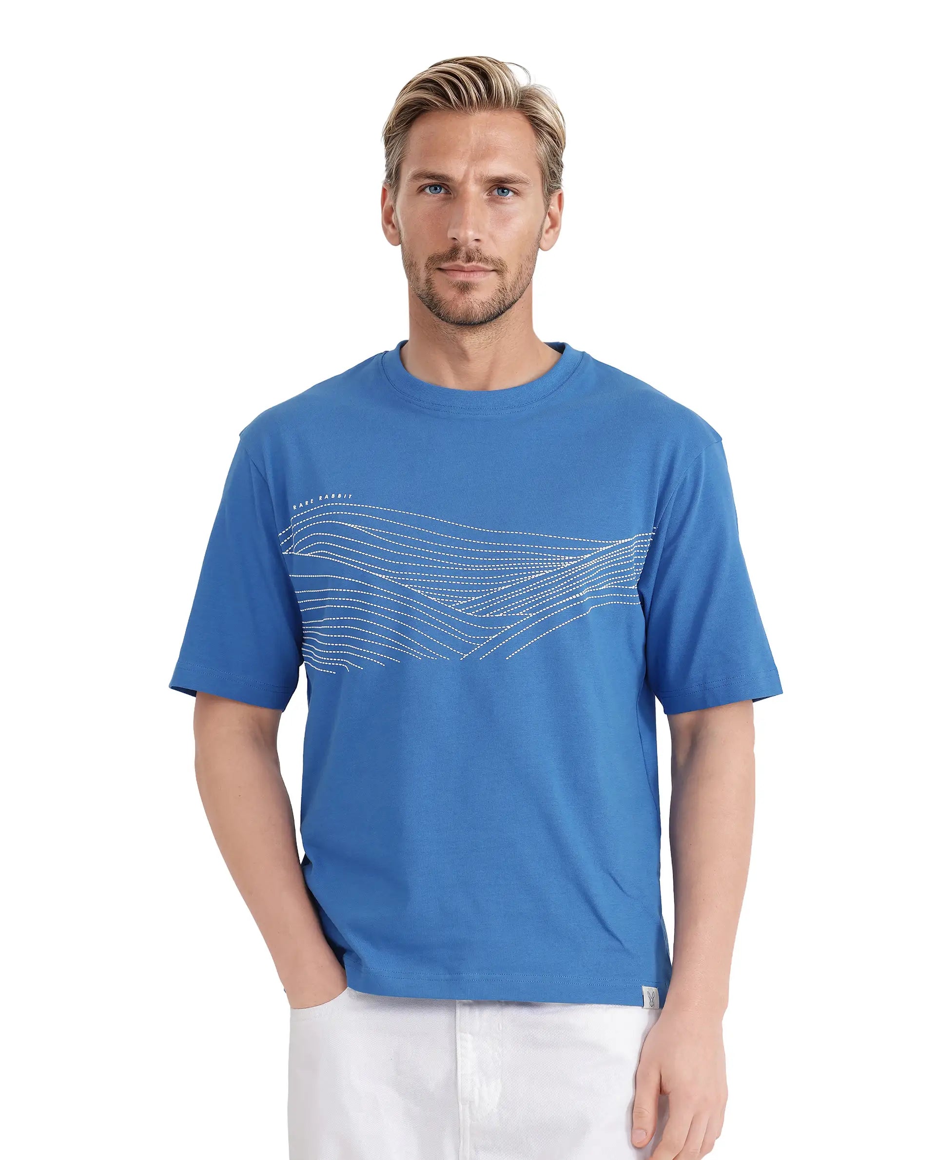 Rare Rabbit Men Vint Dusky Blue Cotton Fabric Short Sleeve Crew Neck Qlo Fit HD Print T-Shirt