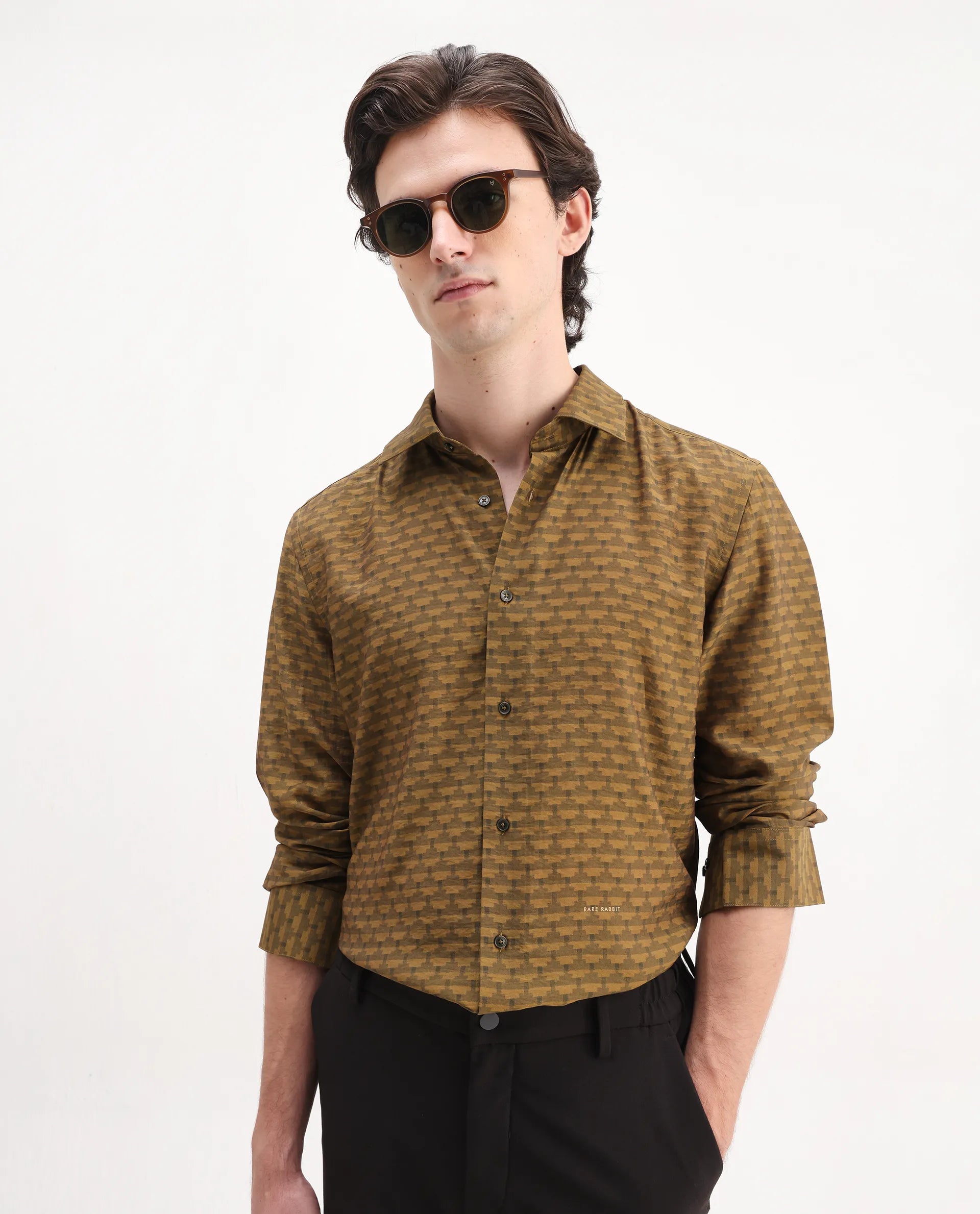 Rare Rabbit Men's Vira Dusky Yellow Viscose Digital Print Regular Fit Full Sleeve Collared Shirt