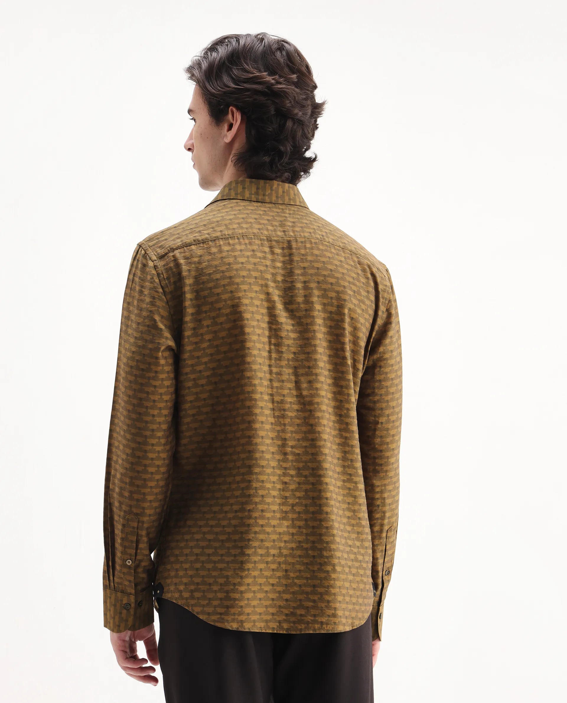 Rare Rabbit Men's Vira Dusky Yellow Viscose Digital Print Regular Fit Full Sleeve Collared Shirt