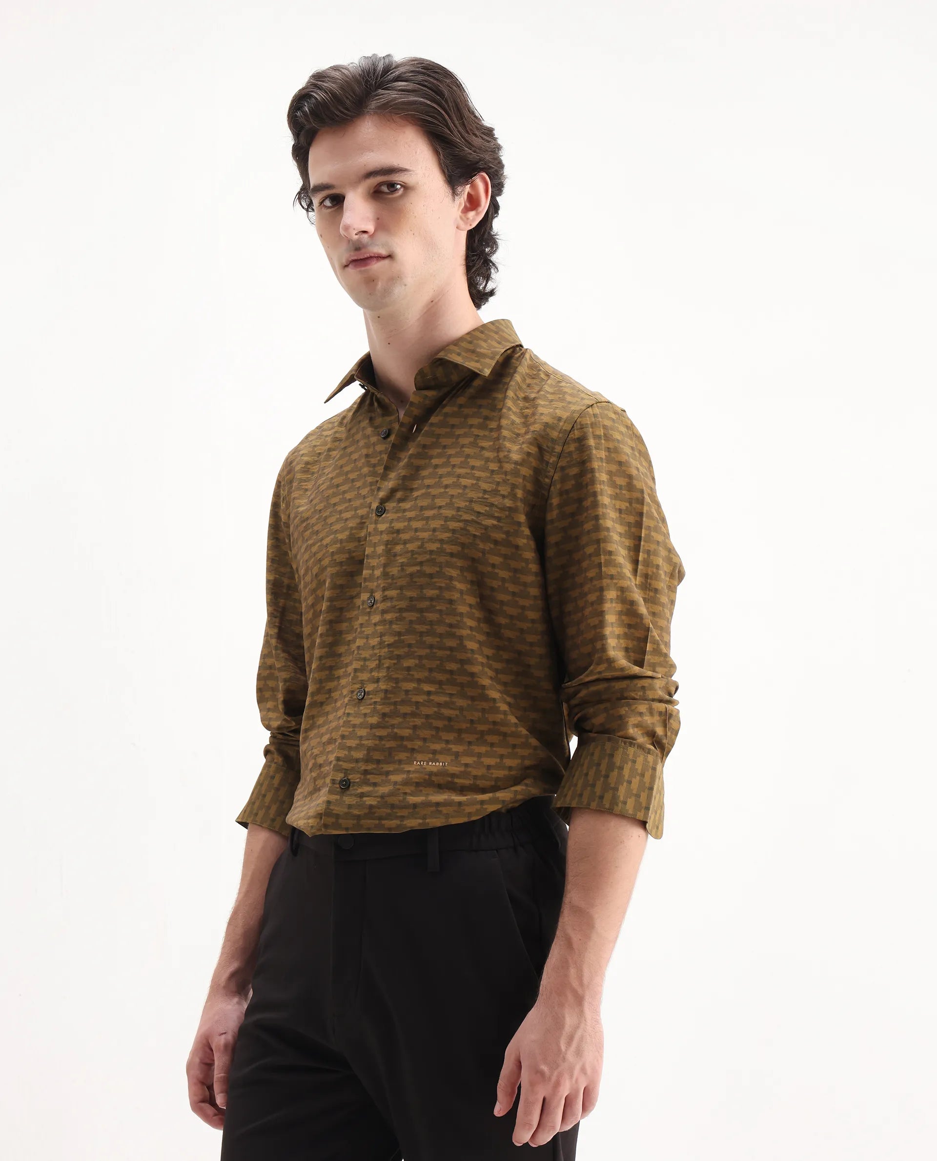 Rare Rabbit Men's Vira Dusky Yellow Viscose Digital Print Regular Fit Full Sleeve Collared Shirt