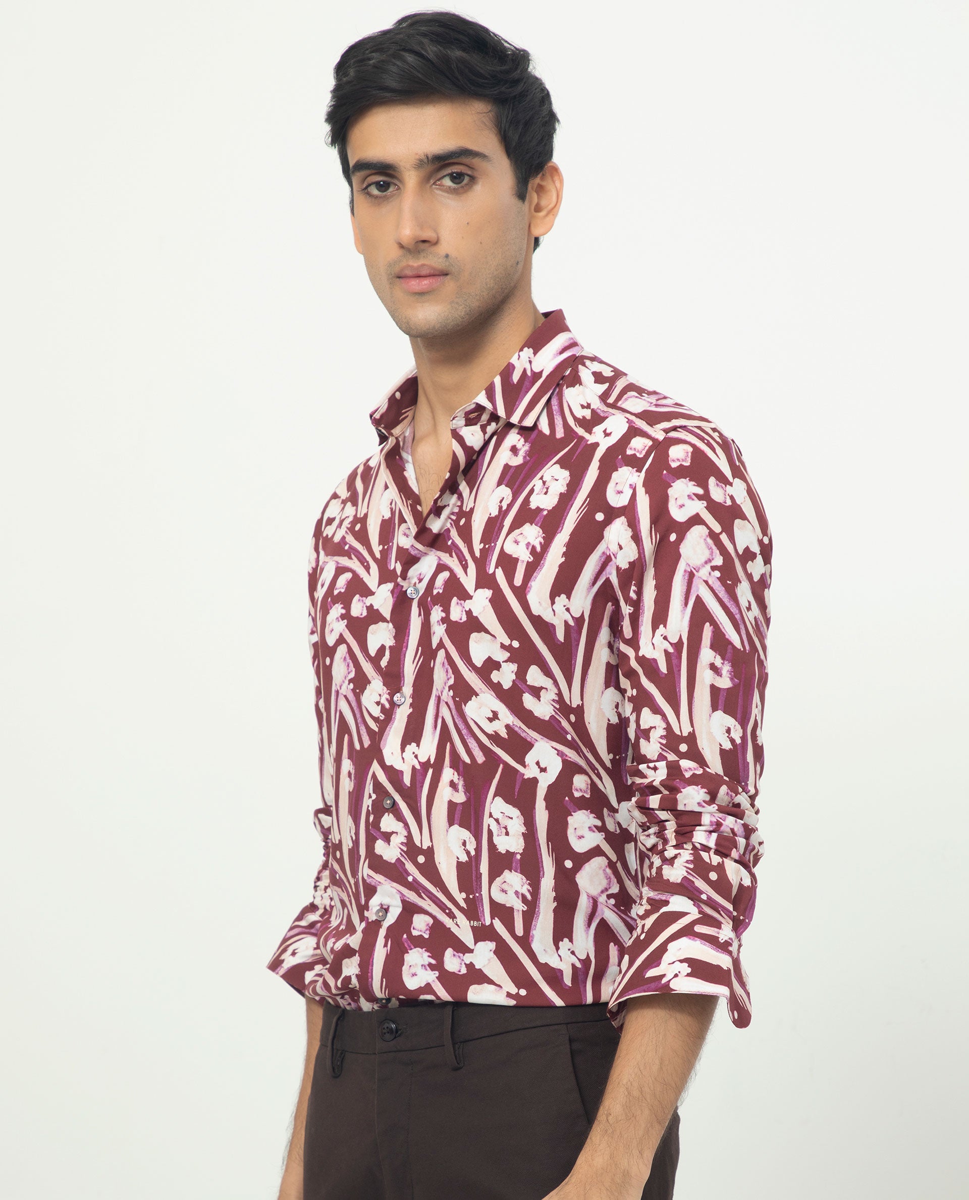 Rare Rabbit Men's Visker Brown Viscose Fabric Abstract Print Full Sleeves Shirt