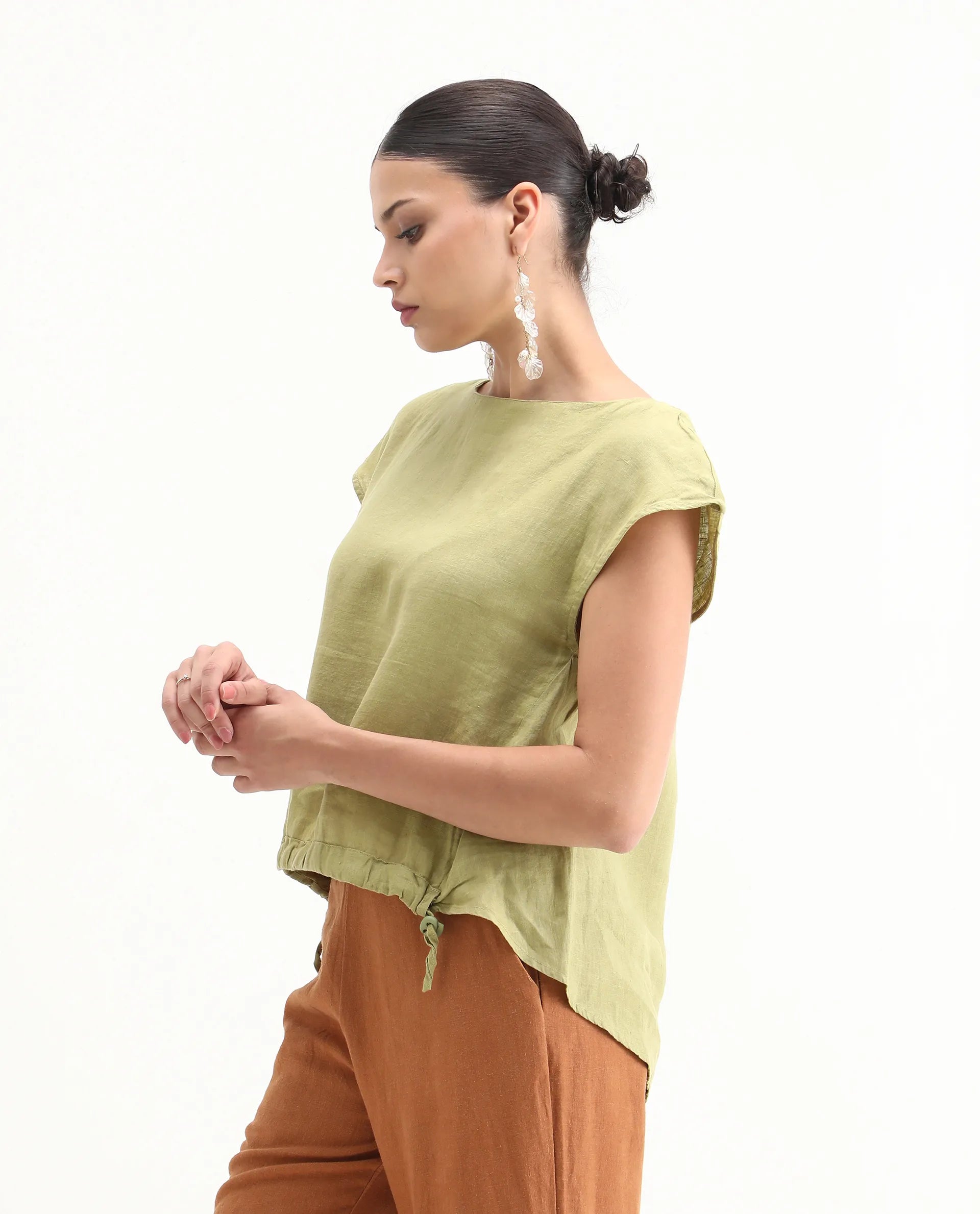 Rareism Women's Vita Green Linen Boat Neck Plain Extended Sleeves Regular Fit Top