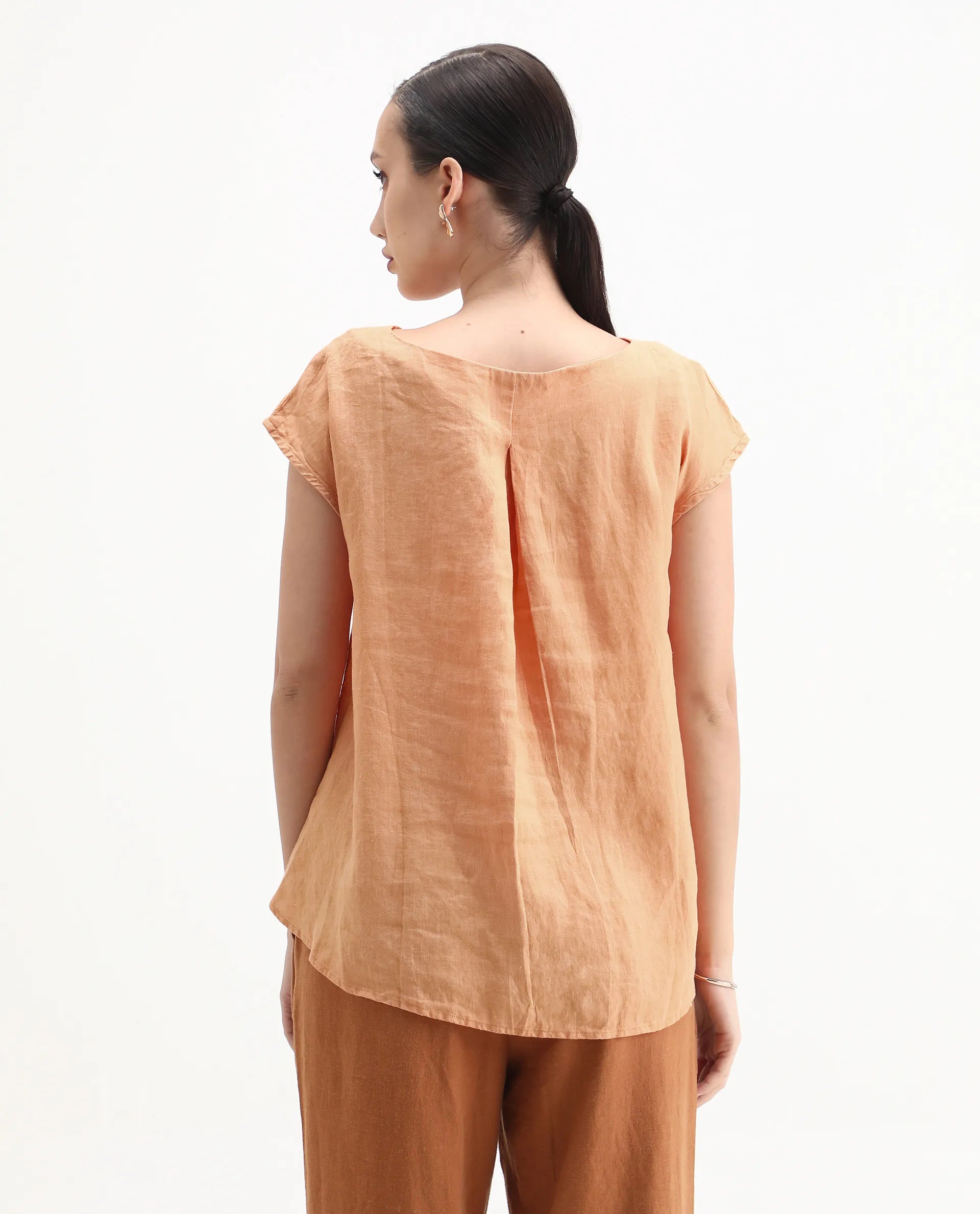 Rareism Women's Vita Orange Linen Boat Neck Plain Extended Sleeves Regular Fit Top