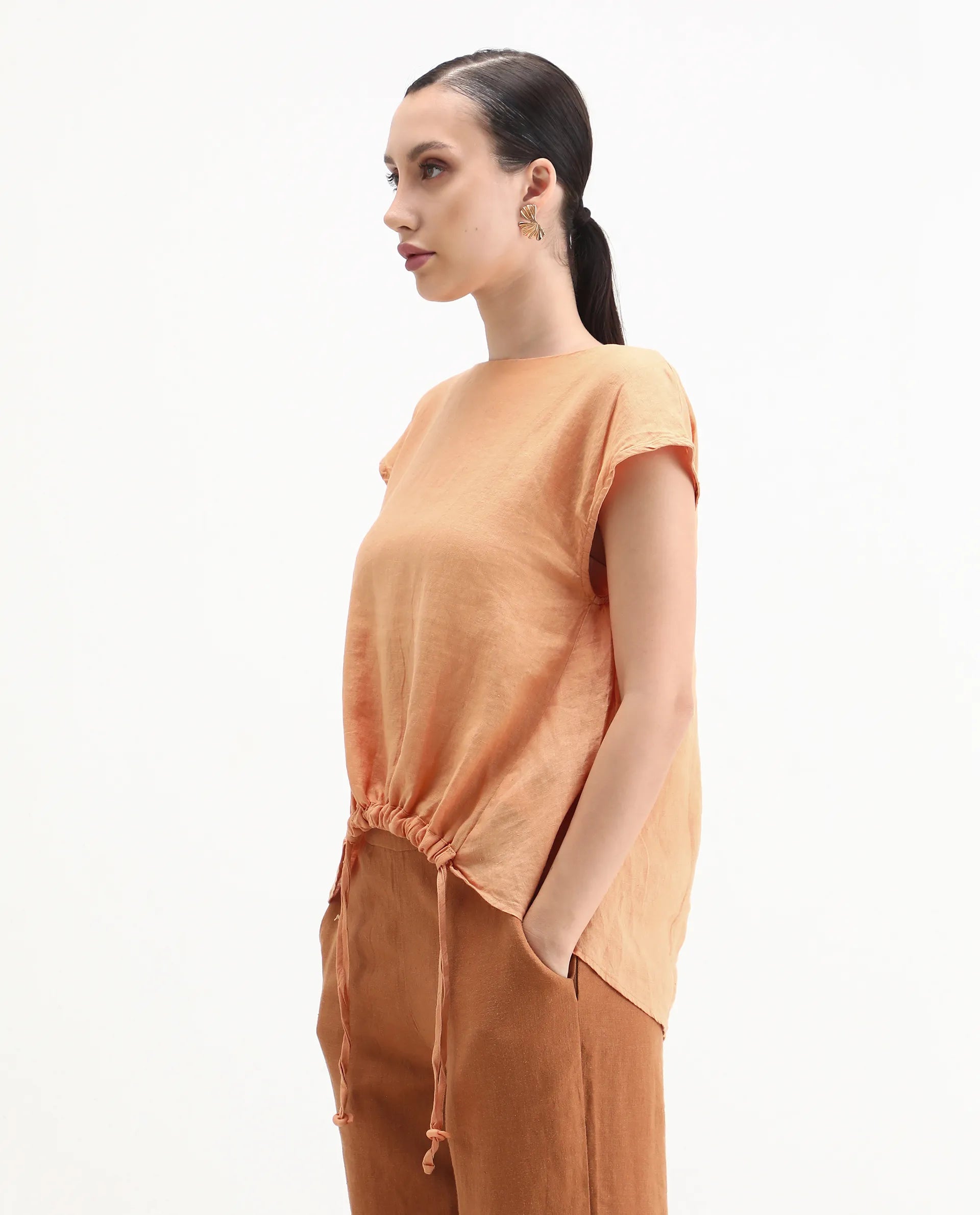 Rareism Women's Vita Orange Linen Boat Neck Plain Extended Sleeves Regular Fit Top