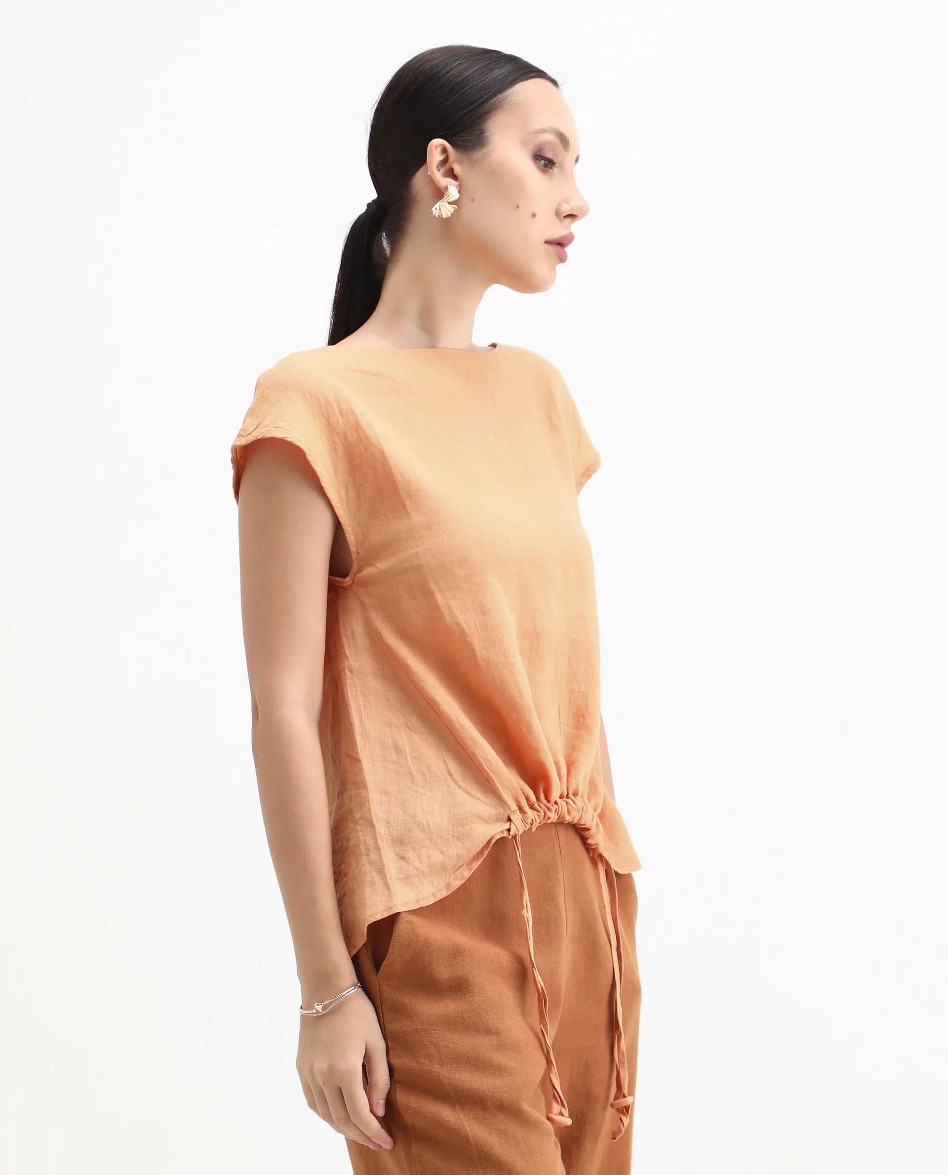 Rareism Women's Vita Orange Linen Boat Neck Plain Extended Sleeves Regular Fit Top