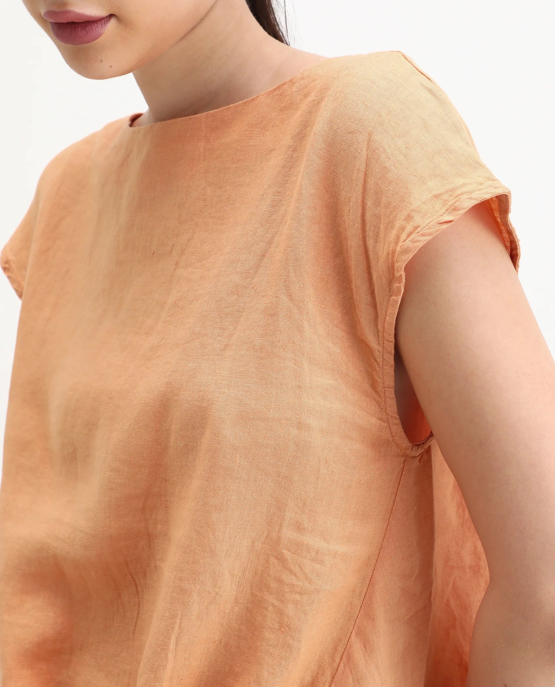 Rareism Women's Vita Orange Linen Boat Neck Plain Extended Sleeves Regular Fit Top