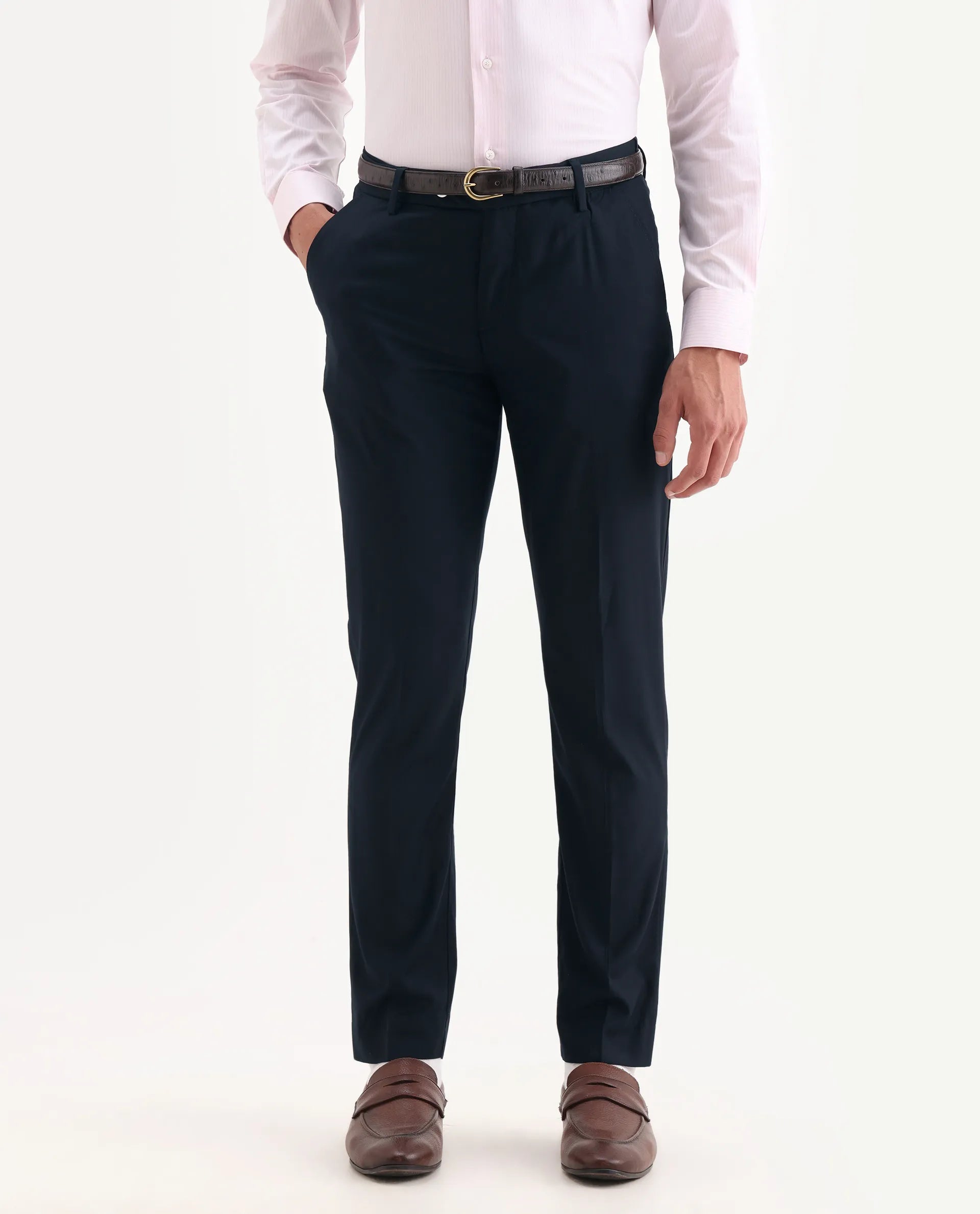 Rare Rabbit Men's Vitaro Navy Polyester Plain Regular Fit Trouser