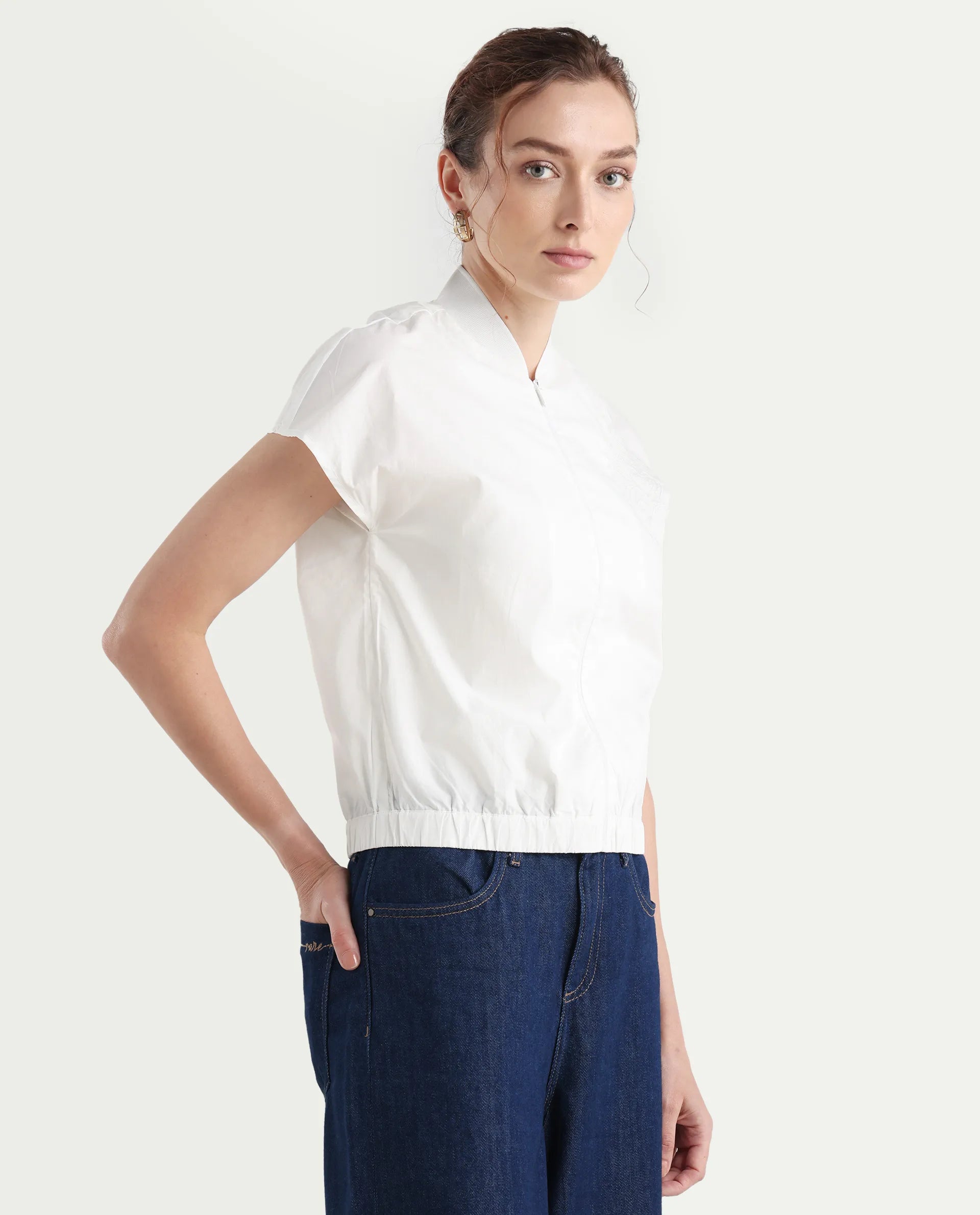 Rareism Women's Viteri White Cotton Ribbed Collar Abstract Print Extended Sleeves Regular Fit Top