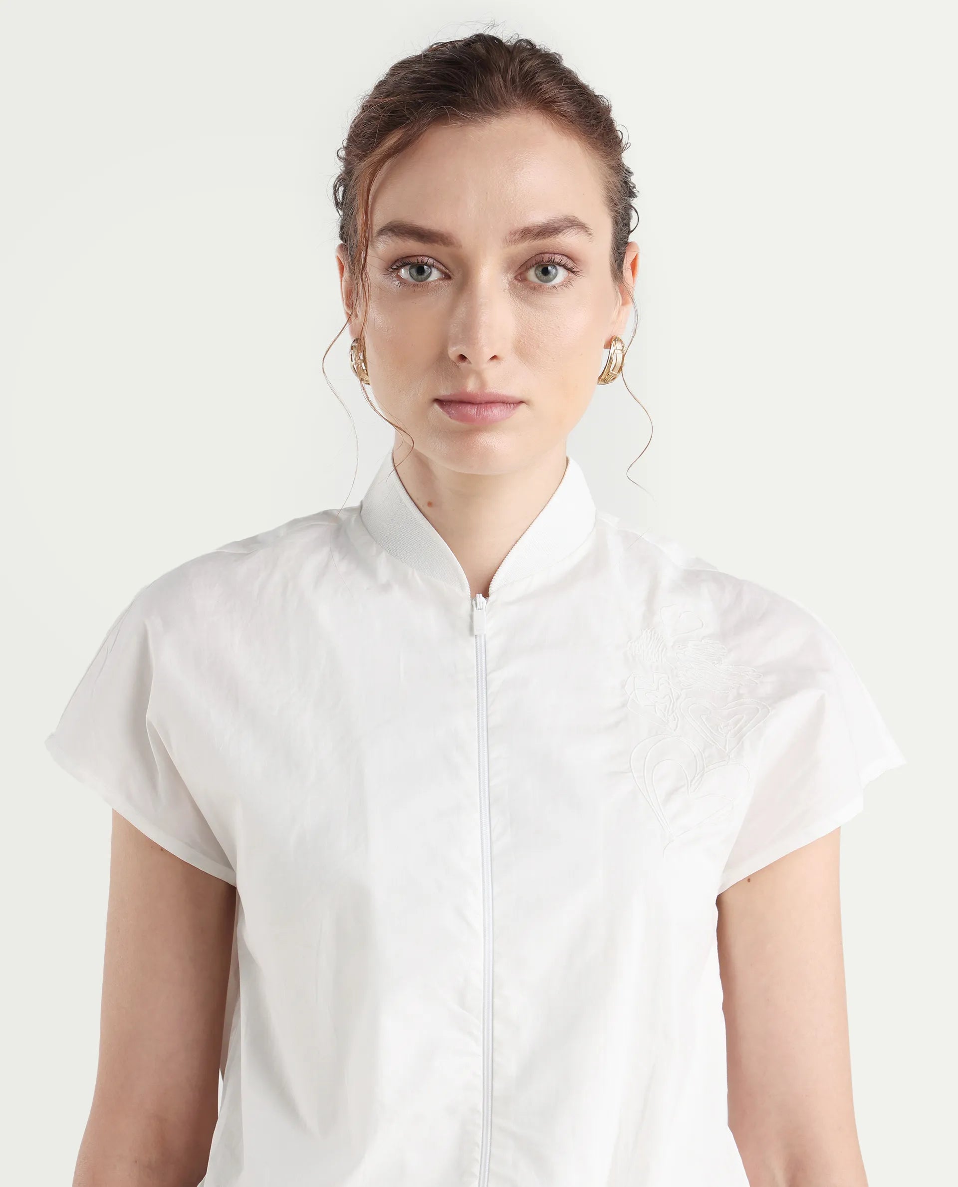 Rareism Women's Viteri White Cotton Ribbed Collar Abstract Print Extended Sleeves Regular Fit Top