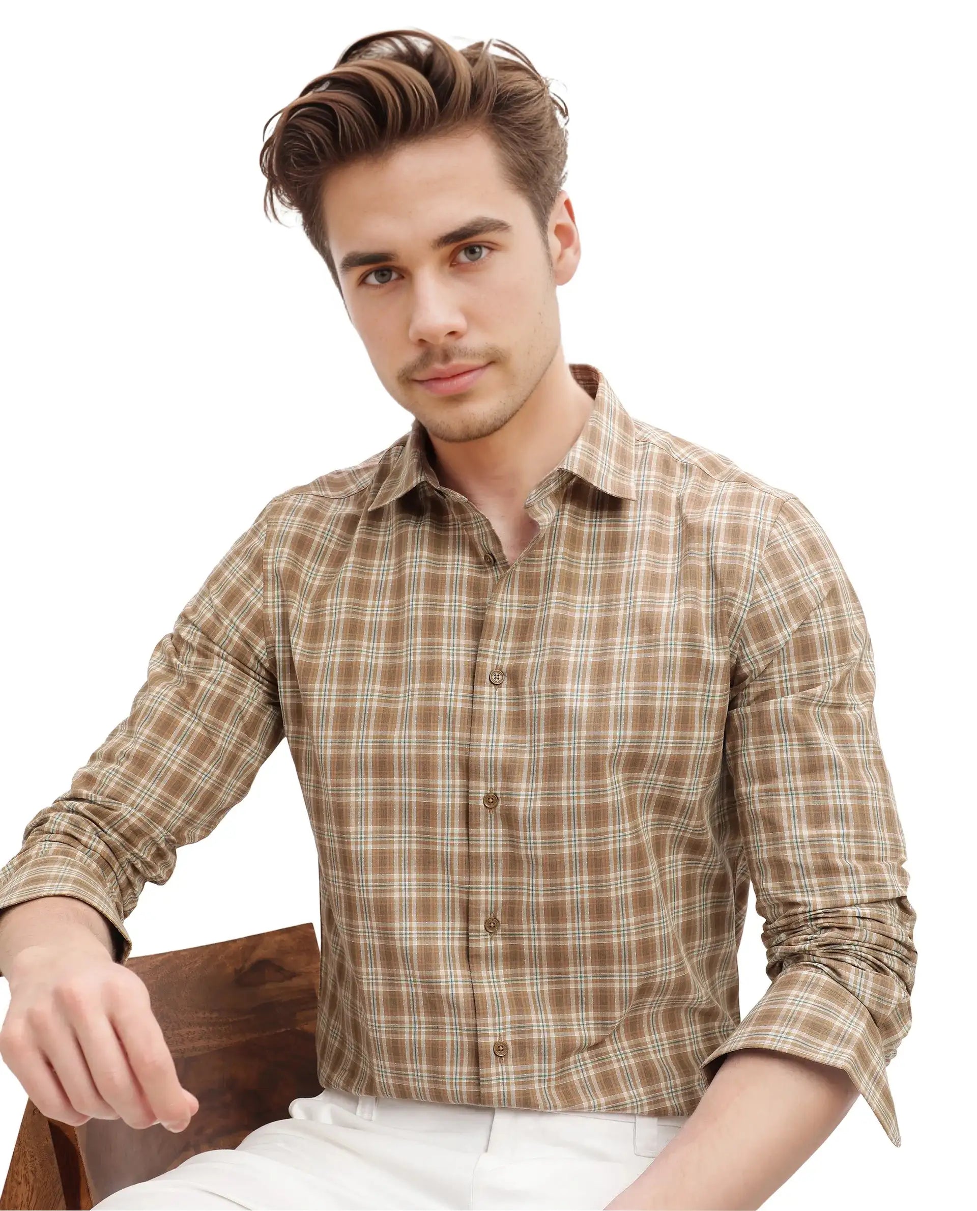 Rare Rabbit Men's Vitka Dark Brown Cotton Checked Print Regular Fit Full Sleeve Collared Shirt