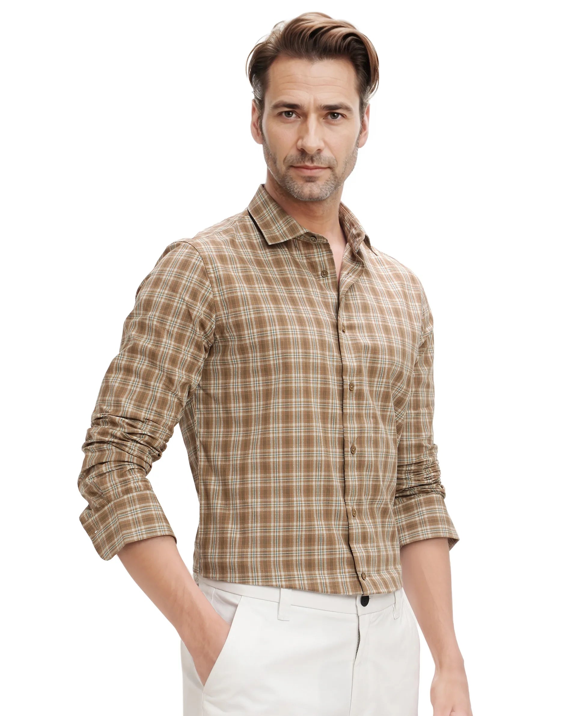 Rare Rabbit Men's Vitka Dark Brown Cotton Fabric Full Sleeve Regular Fit Checks Shirt