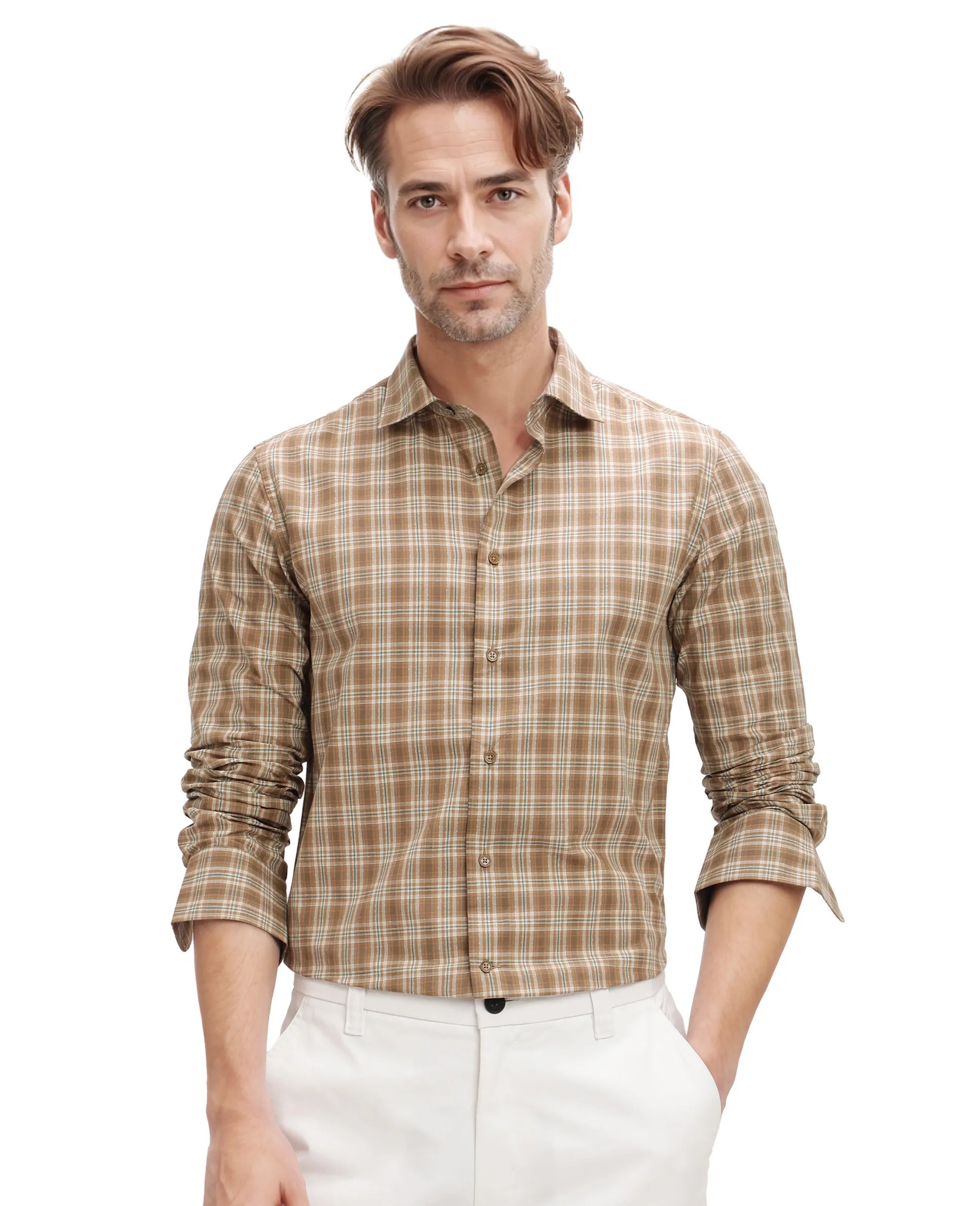 Rare Rabbit Men's Vitka Dark Brown Cotton Fabric Full Sleeve Regular Fit Checks Shirt