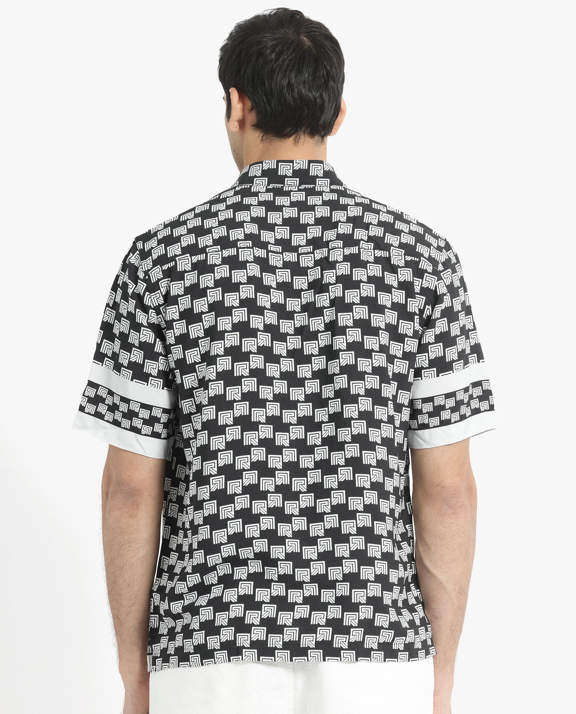Rare Rabbit Men's Vito Black Viscose Fabric Short Sleeve Boxy Fit Monogram Print Shirt