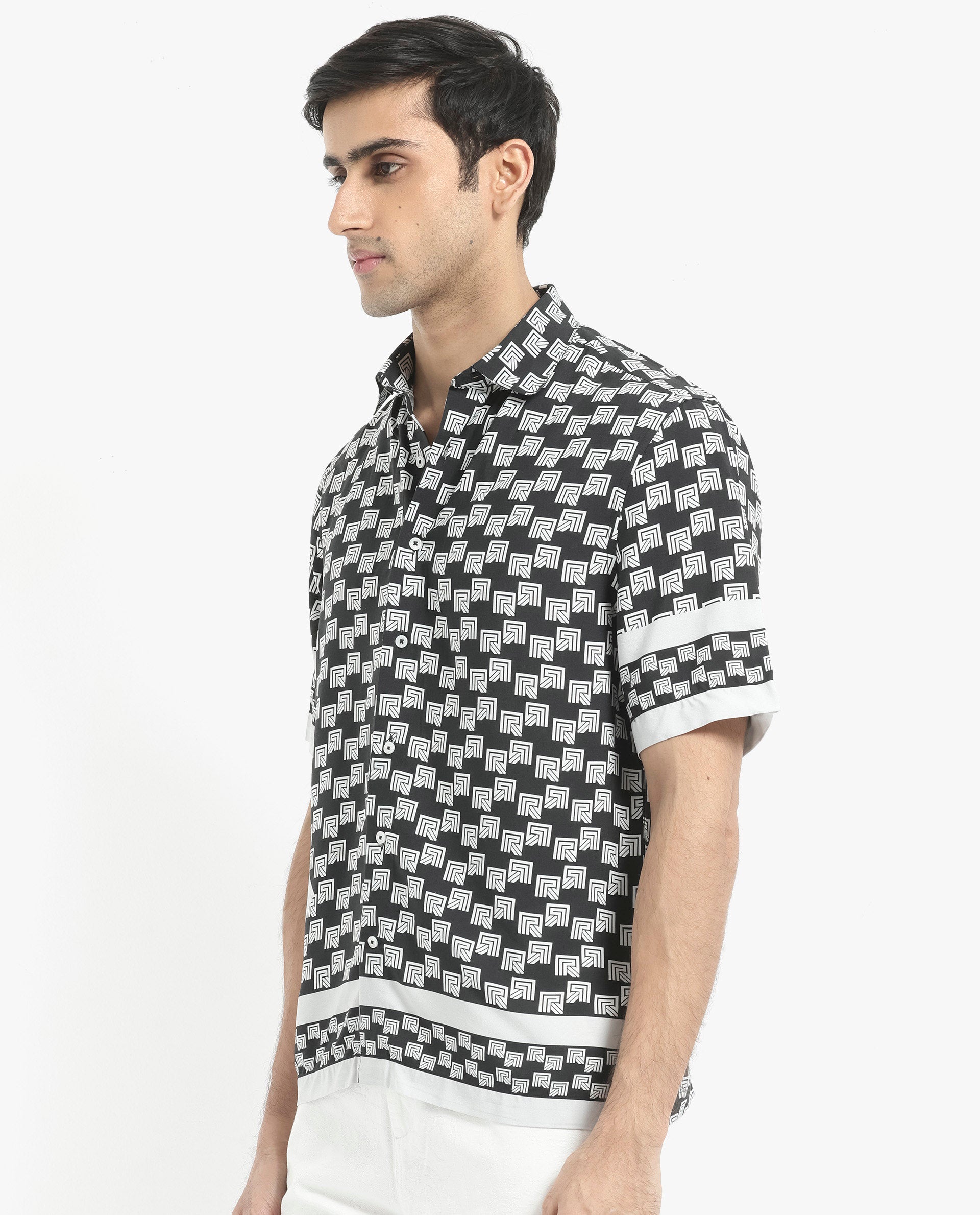 Rare Rabbit Men's Vito Black Viscose Fabric Short Sleeve Boxy Fit Monogram Print Shirt