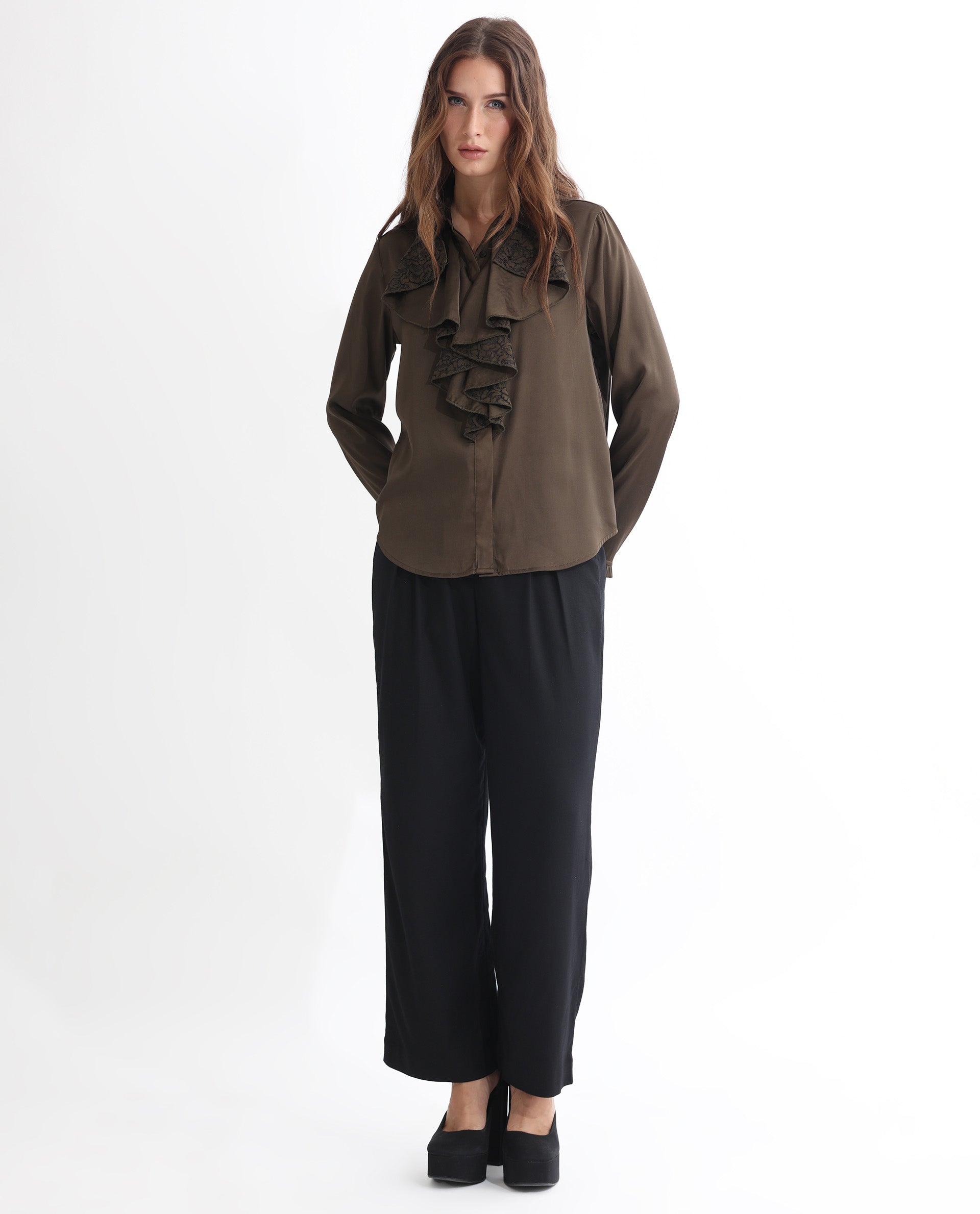 Rareism Women Uitson Dark Olive Polyester Fabric Relaxed Fit Ruffled Neck Full Sleeves Solid Top