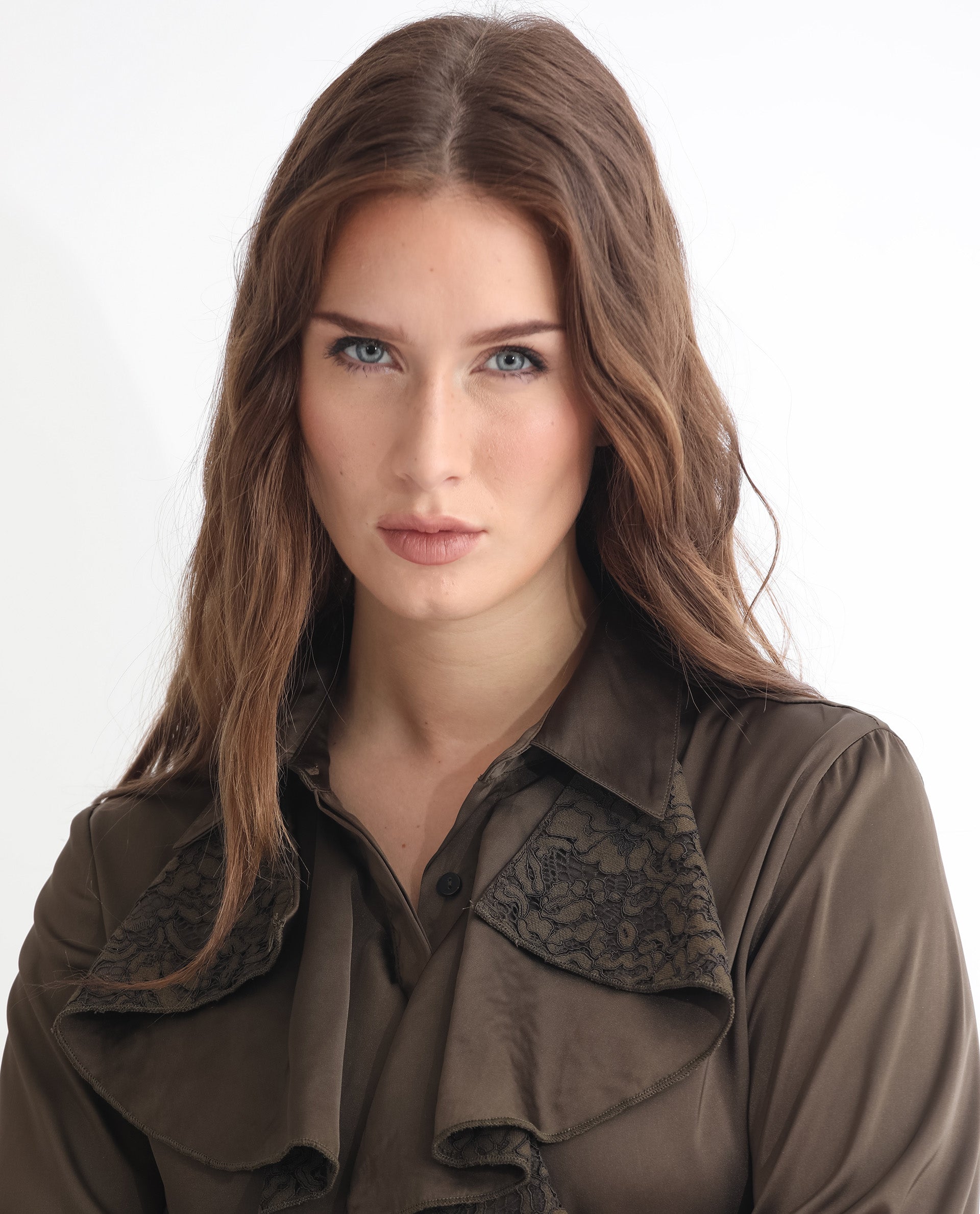 Rareism Women Uitson Dark Olive Polyester Fabric Relaxed Fit Ruffled Neck Full Sleeves Solid Top