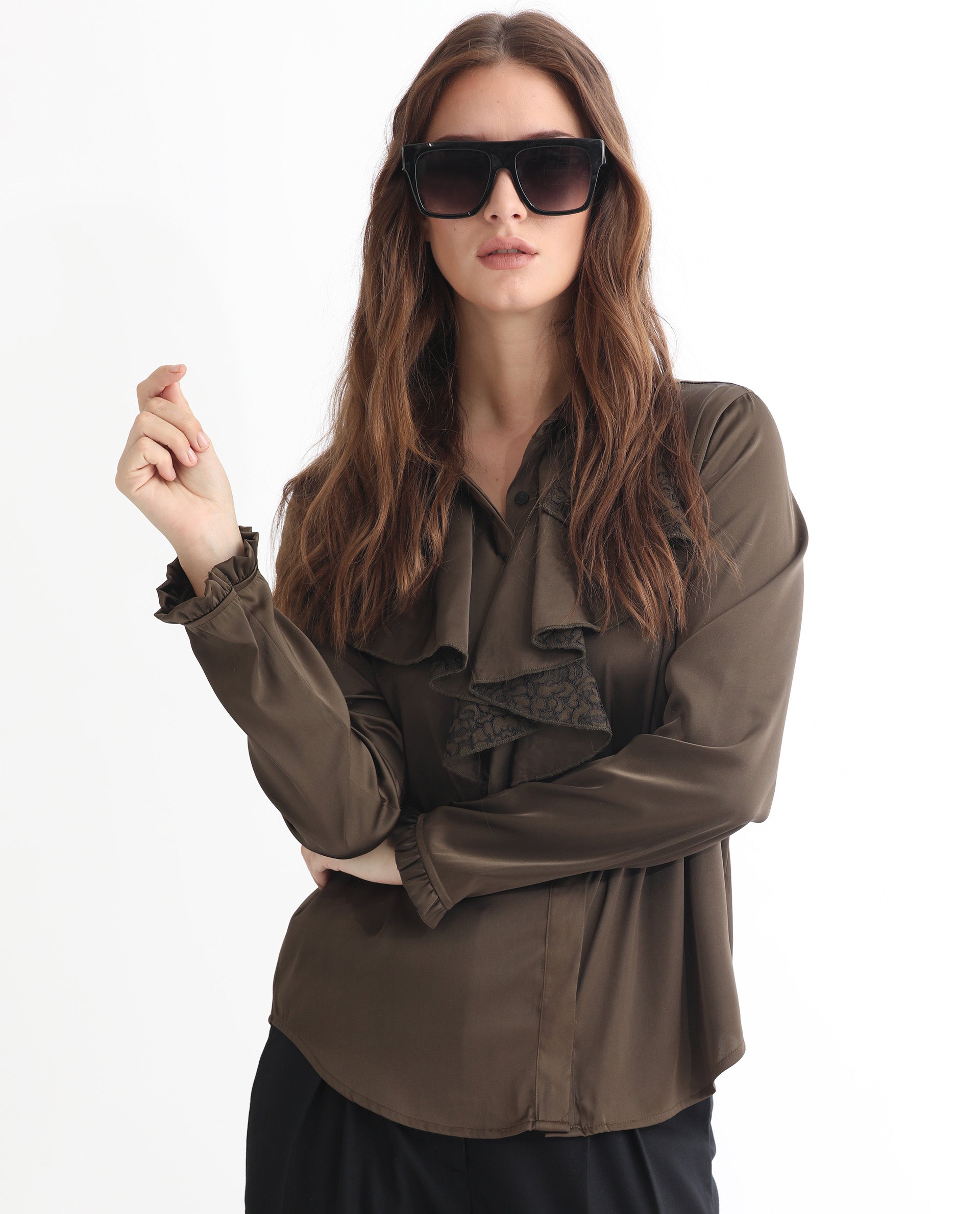 Rareism Women Uitson Dark Olive Polyester Fabric Relaxed Fit Ruffled Neck Full Sleeves Solid Top