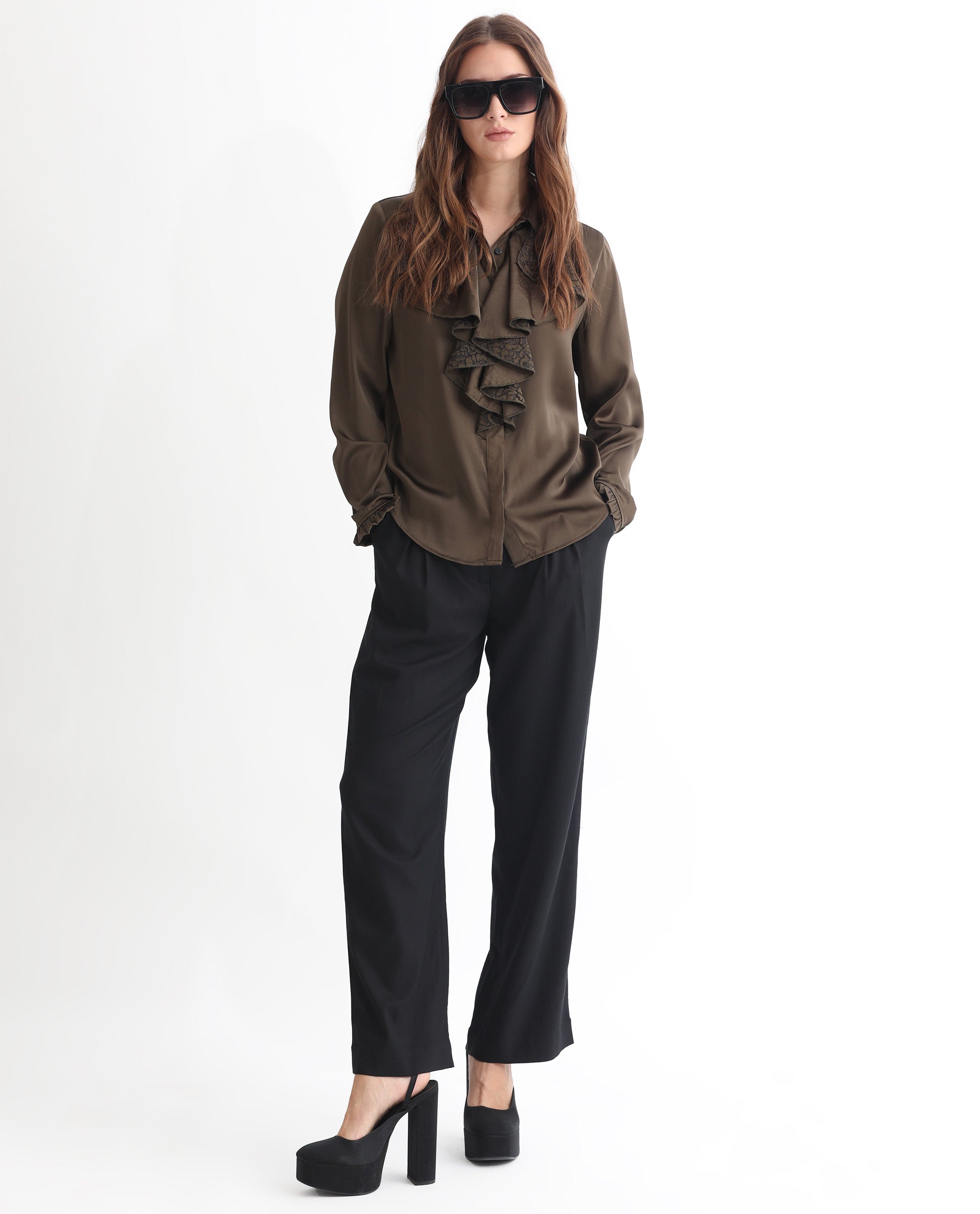 Rareism Women Uitson Dark Olive Polyester Fabric Relaxed Fit Ruffled Neck Full Sleeves Solid Top