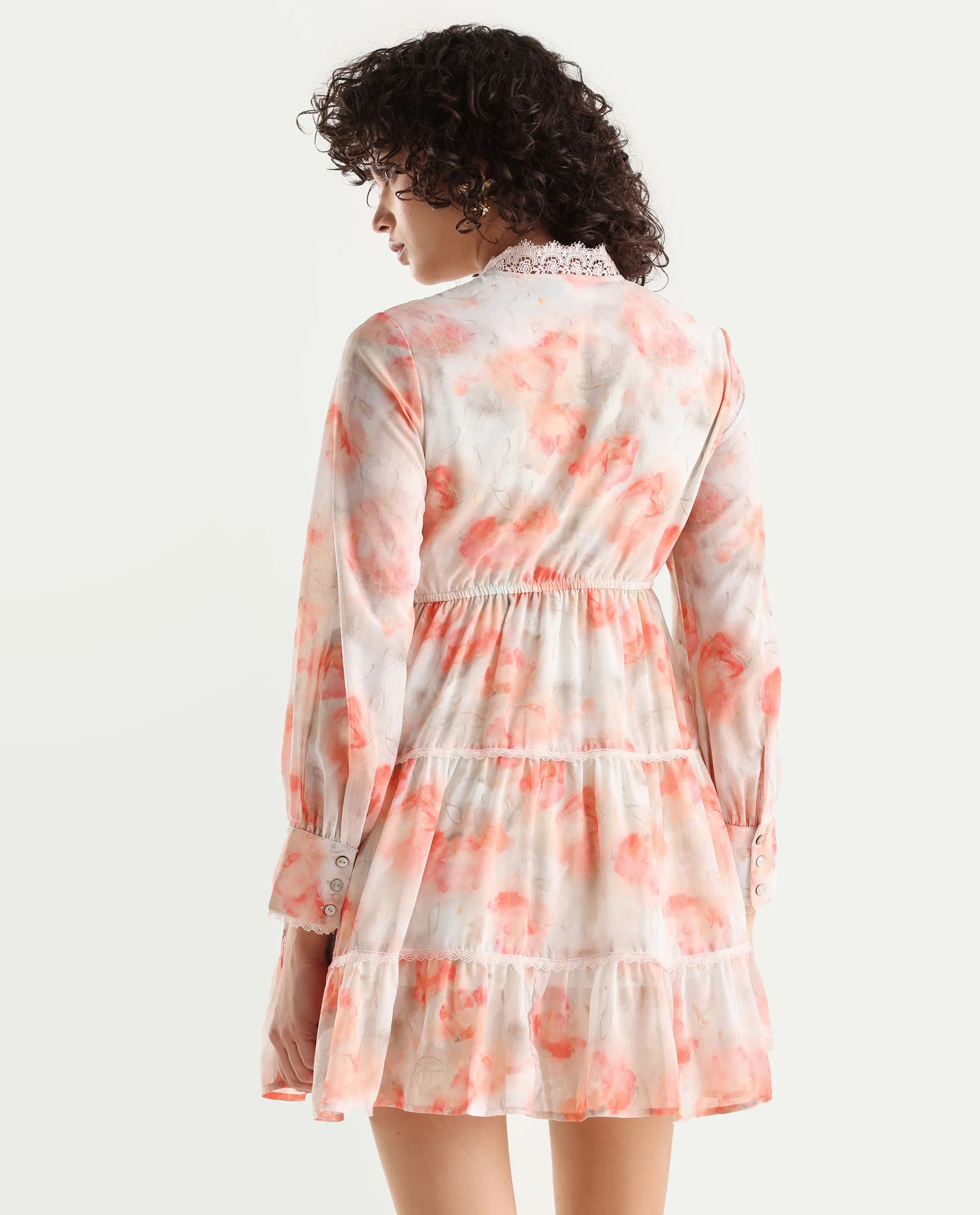 Rareism Women's Viver Off White Polyester Stand Collar Abstract Print Puff Sleeves Mini Fit And Flare Dress