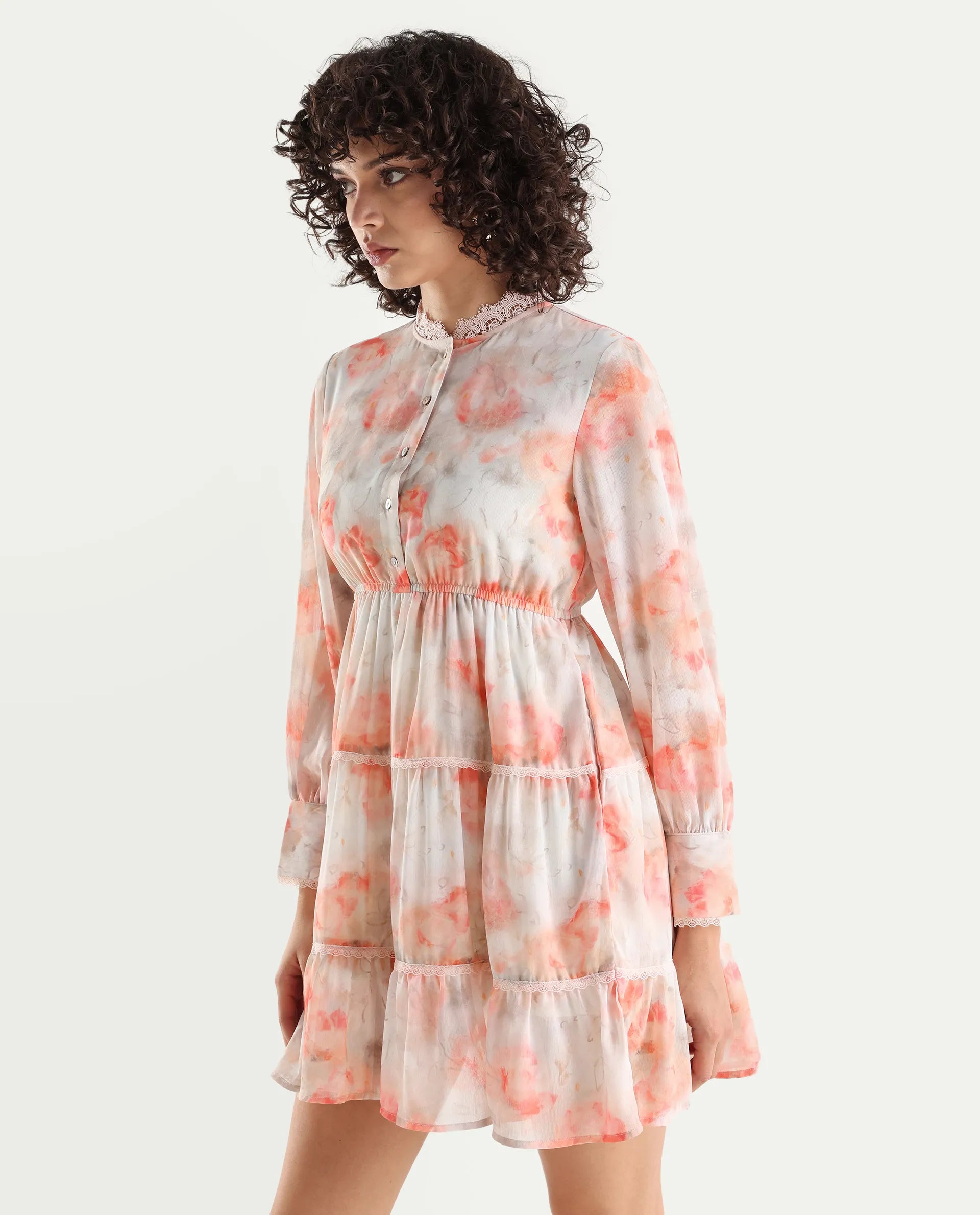 Rareism Women's Viver Off White Polyester Stand Collar Abstract Print Puff Sleeves Mini Fit And Flare Dress