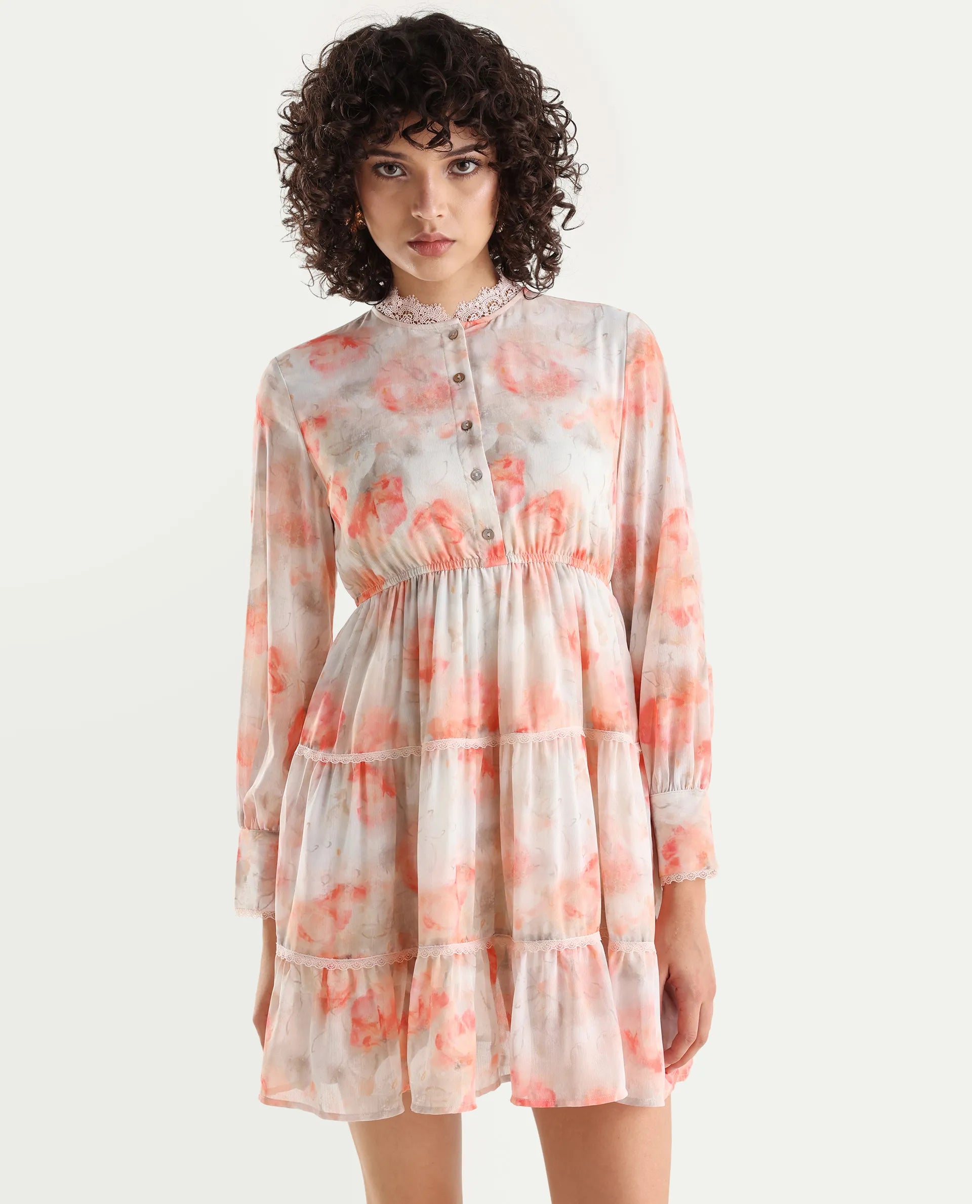 Rareism Women's Viver Off White Polyester Stand Collar Abstract Print Puff Sleeves Mini Fit And Flare Dress