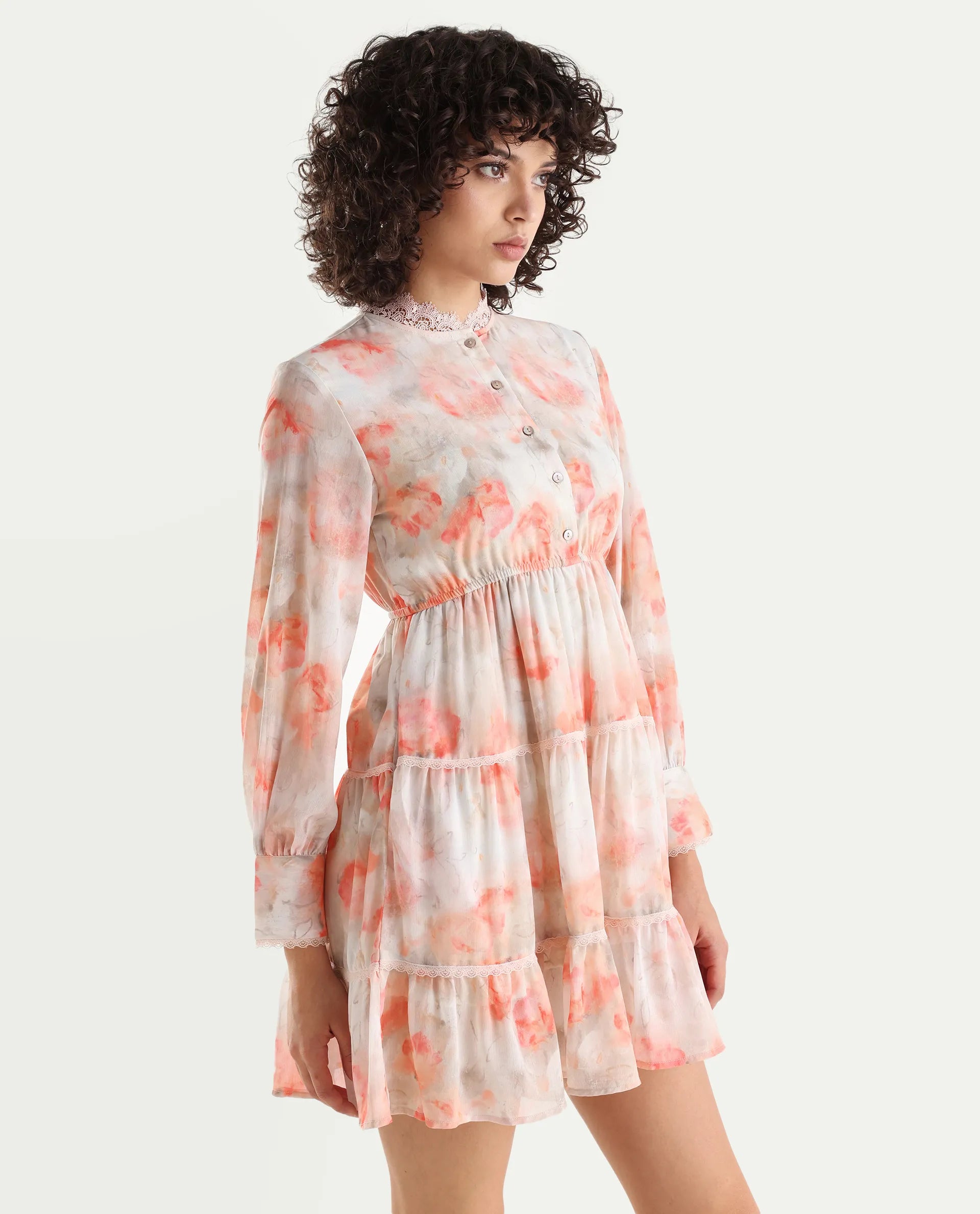 Rareism Women's Viver Off White Polyester Stand Collar Abstract Print Puff Sleeves Mini Fit And Flare Dress