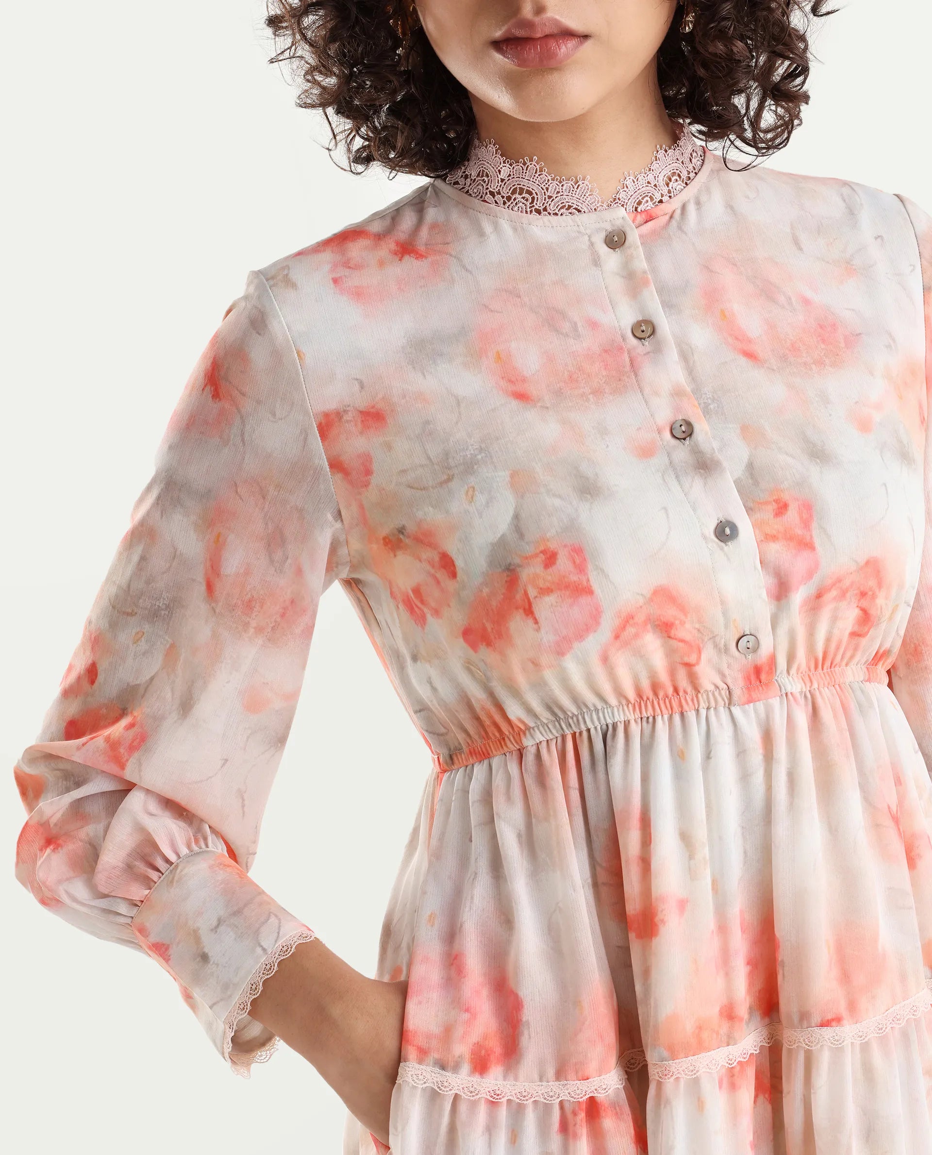 Rareism Women's Viver Off White Polyester Stand Collar Abstract Print Puff Sleeves Mini Fit And Flare Dress