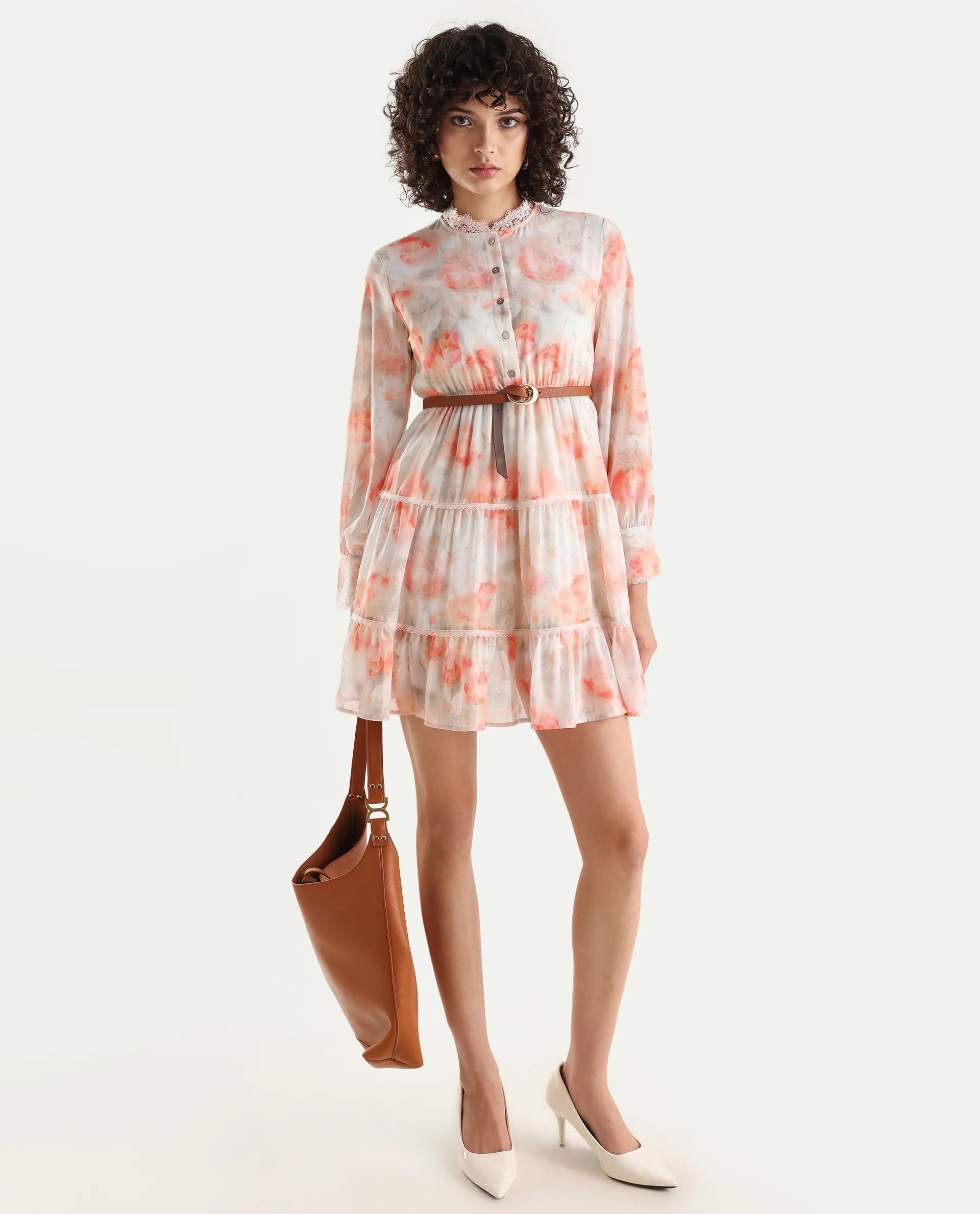 Rareism Women's Viver Off White Polyester Stand Collar Abstract Print Puff Sleeves Mini Fit And Flare Dress