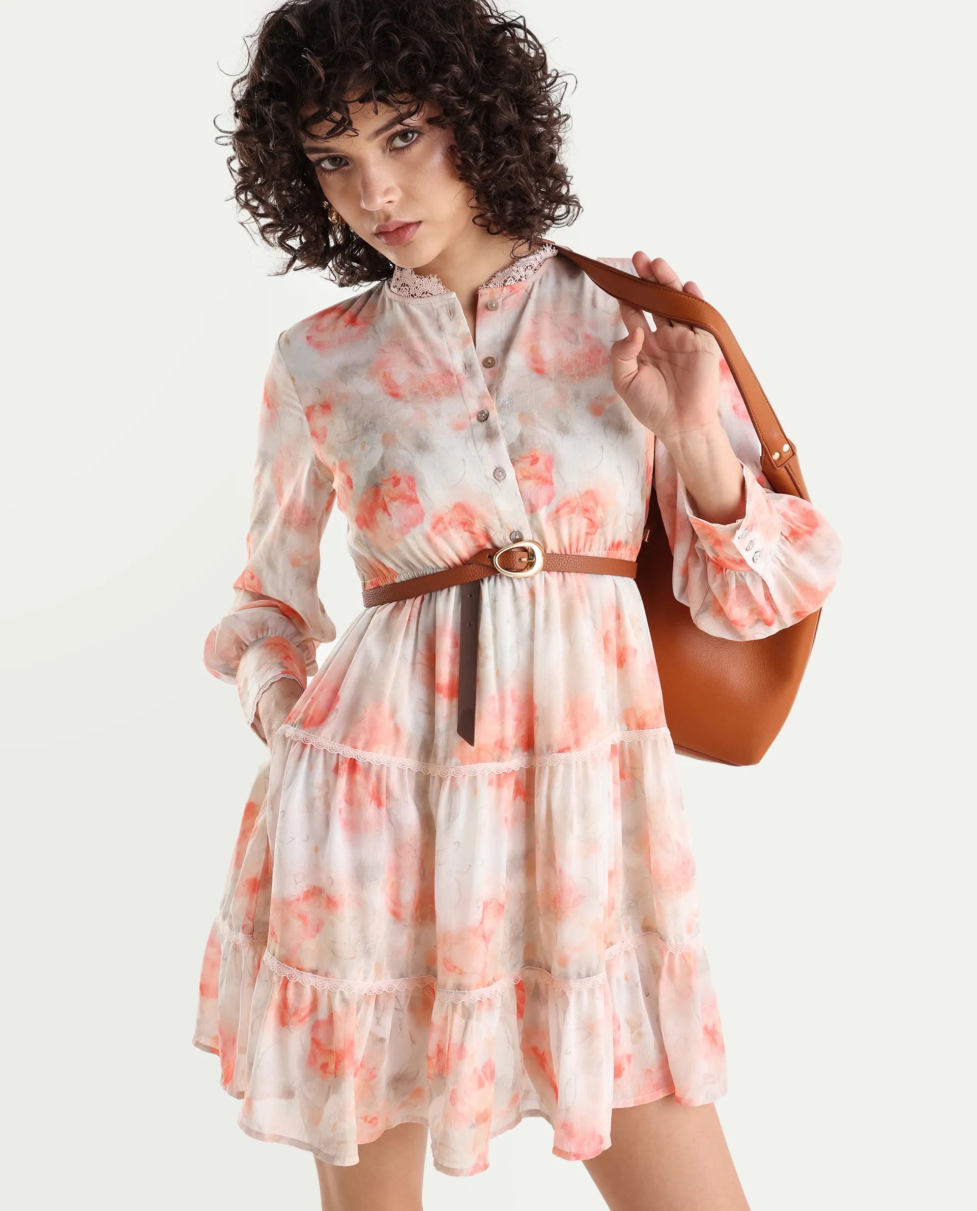 Rareism Women's Viver Off White Polyester Stand Collar Abstract Print Puff Sleeves Mini Fit And Flare Dress