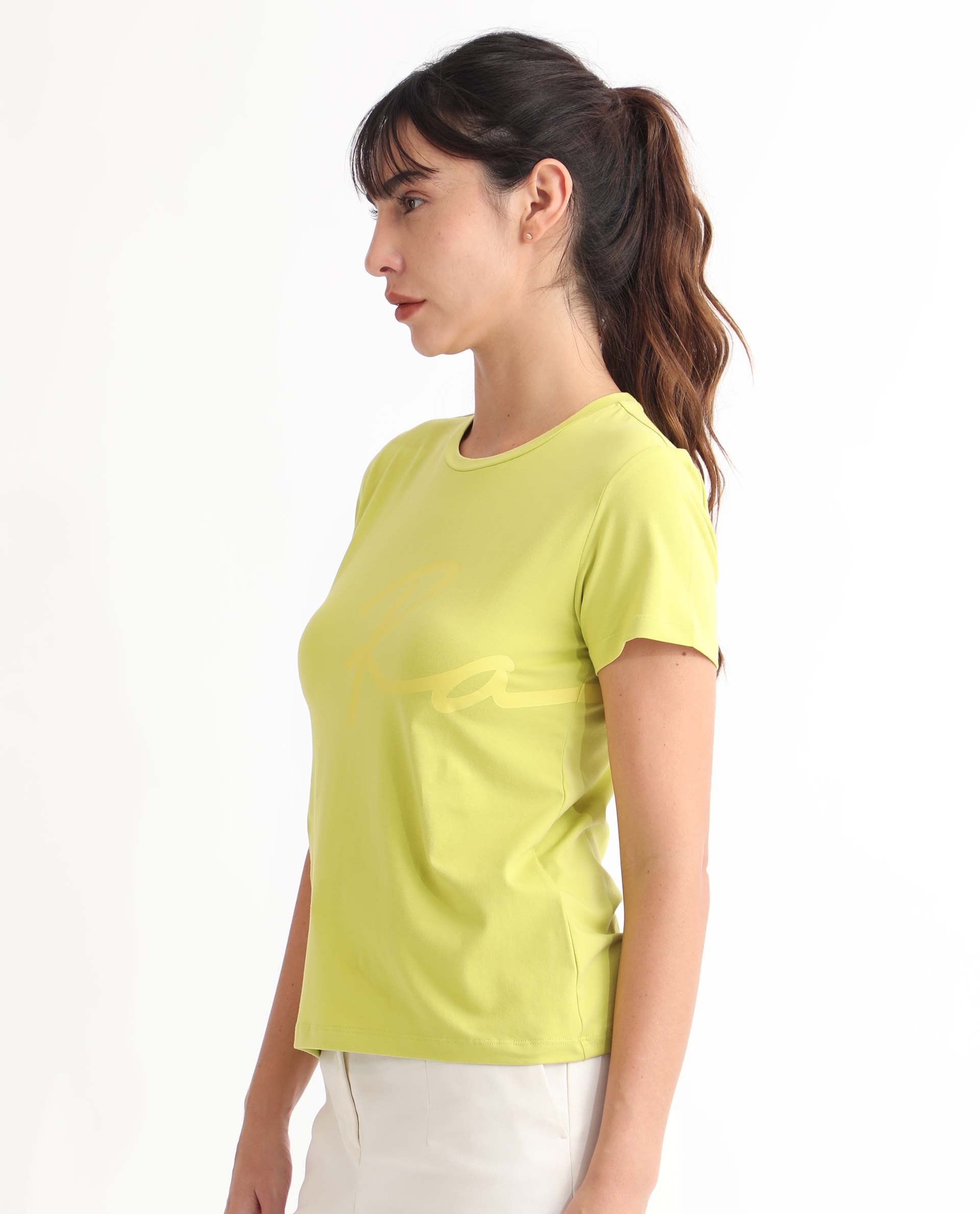 Rareism Women Vivian Flouroscent Green Regular Fit Half Sleeves Solid Crew Neck T-Shirt