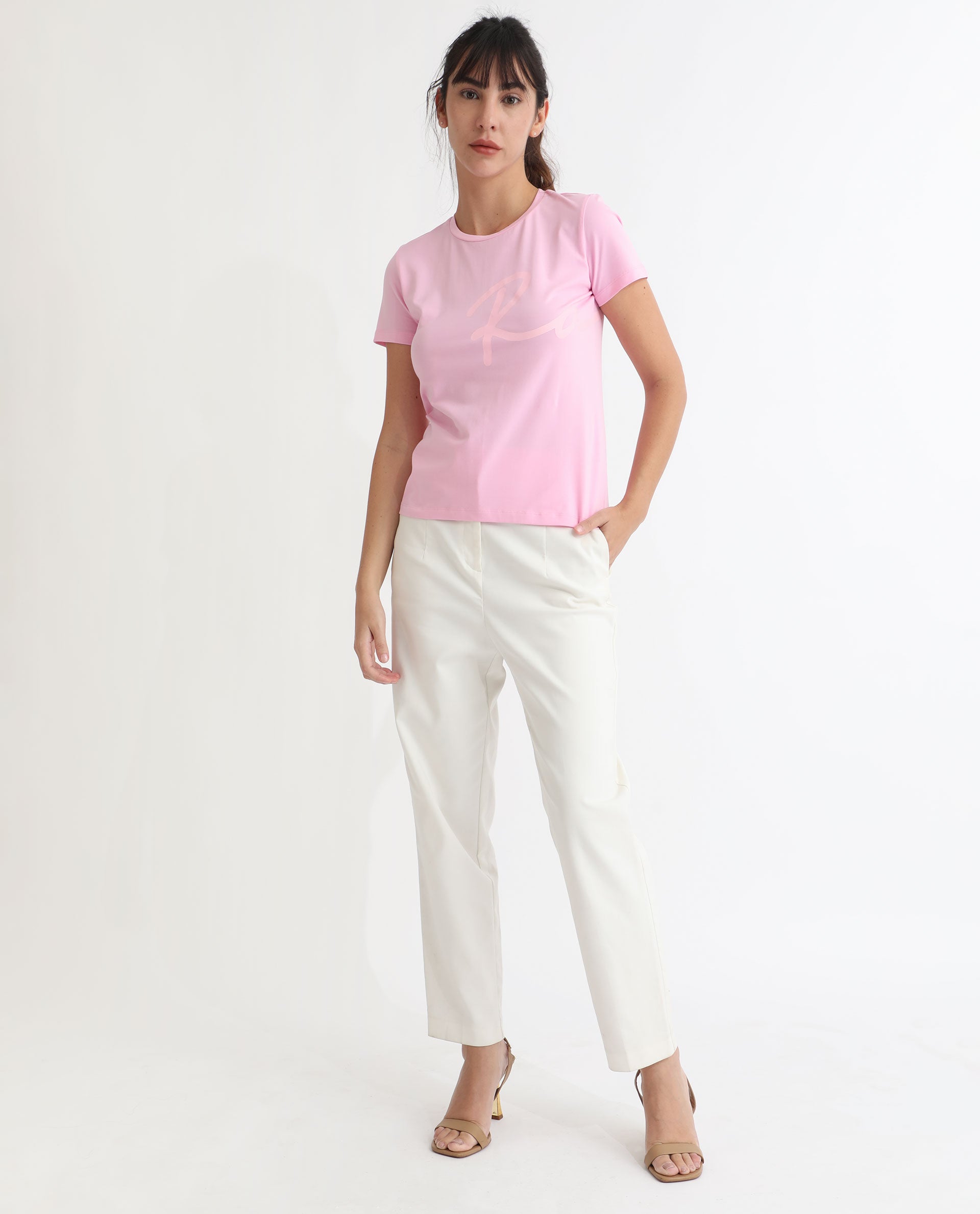 Rareism Women Vivian Pink Cotton Fabric Short Sleeves Crew Neck Regular Fit Graphic Print T-Shirt