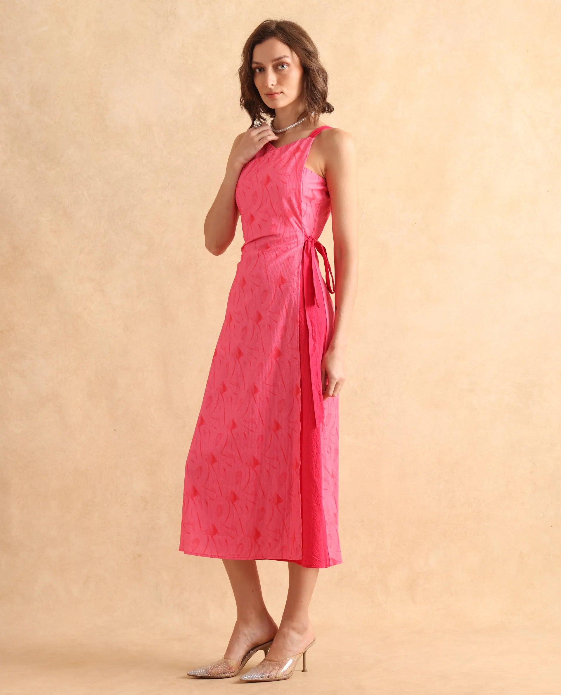 Rareism Women's Viyug Pink Halter Neck Tie-Up Closure Sleeveless Monogram Print Wrap Midi Dress