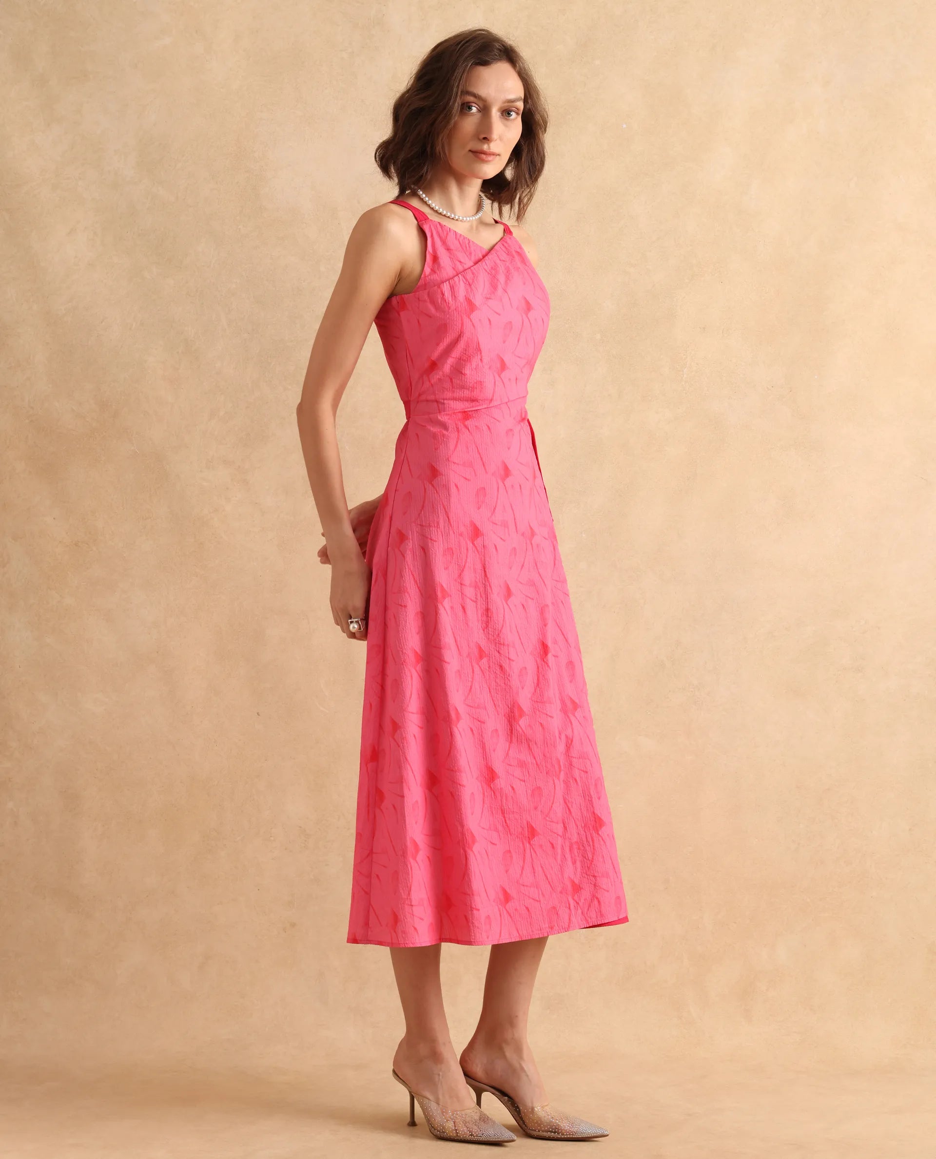 Rareism Women's Viyug Pink Halter Neck Tie-Up Closure Sleeveless Monogram Print Wrap Midi Dress