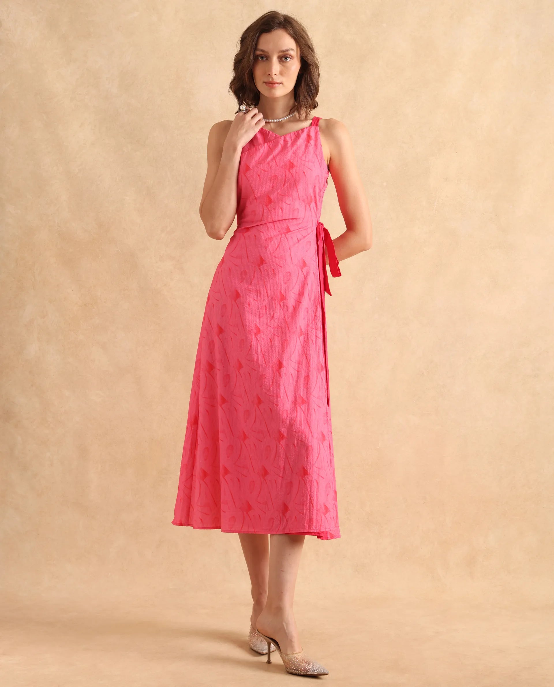 Rareism Women's Viyug Pink Halter Neck Tie-Up Closure Sleeveless Monogram Print Wrap Midi Dress