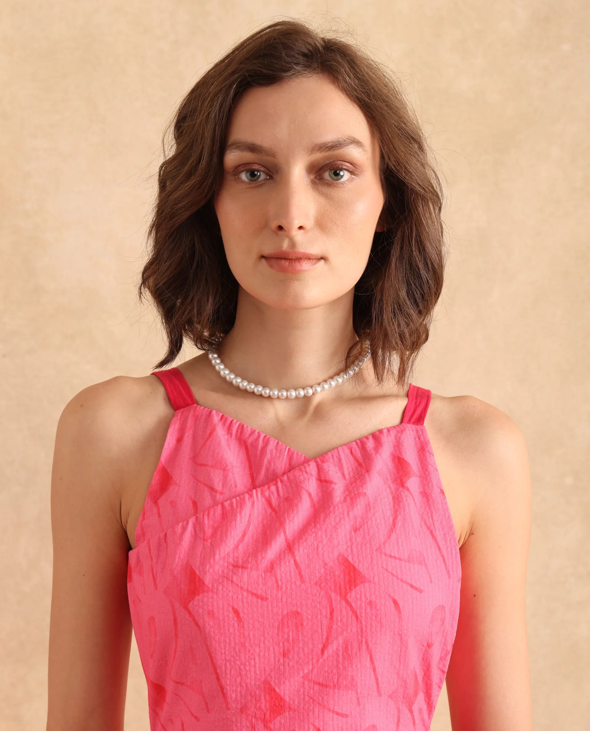 Rareism Women's Viyug Pink Halter Neck Tie-Up Closure Sleeveless Monogram Print Wrap Midi Dress