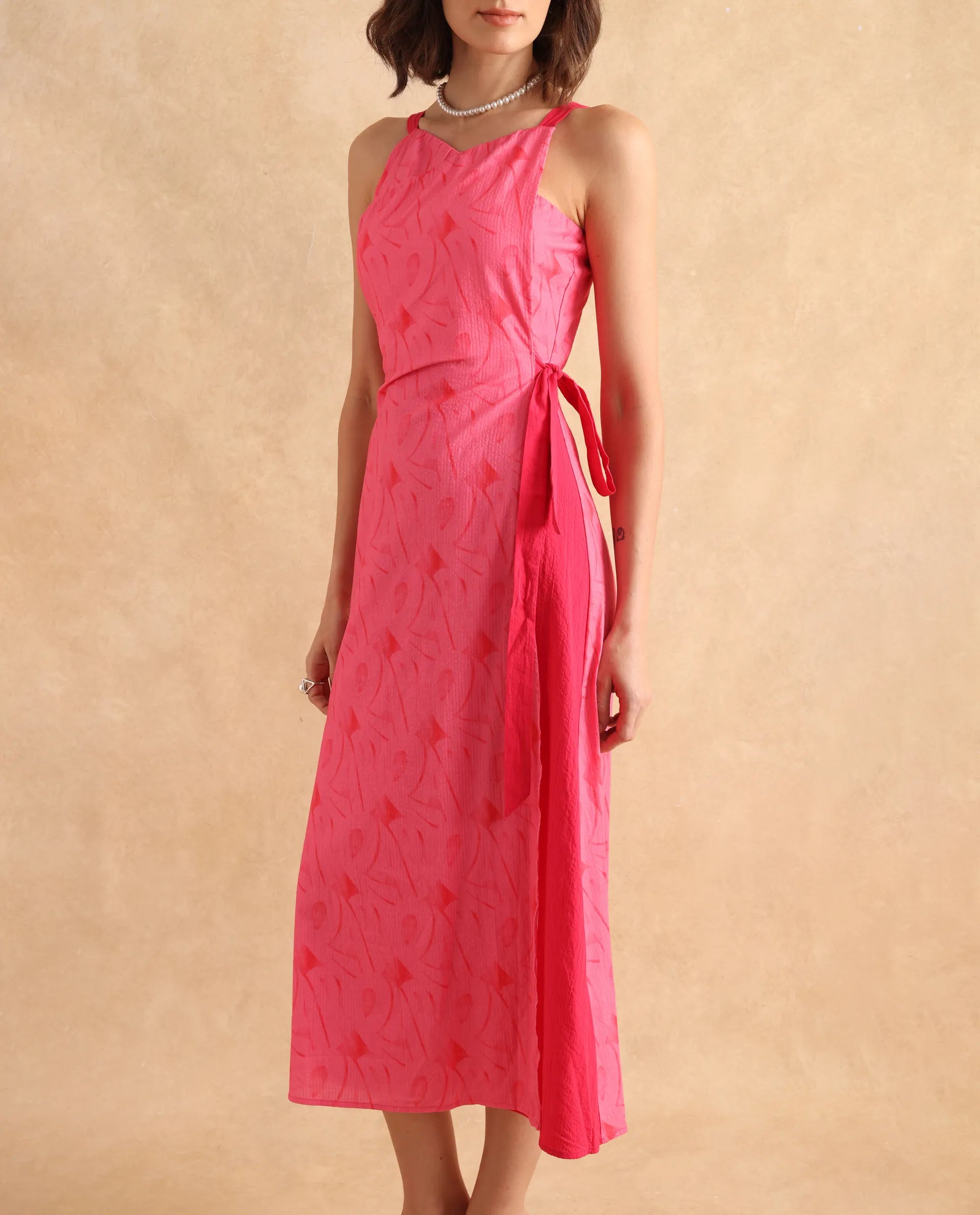 Rareism Women's Viyug Pink Halter Neck Tie-Up Closure Sleeveless Monogram Print Wrap Midi Dress