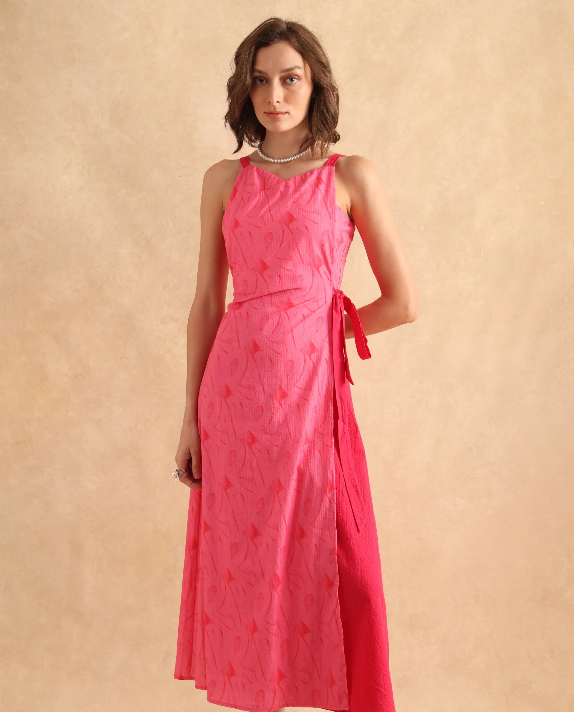 Rareism Women's Viyug Pink Halter Neck Tie-Up Closure Sleeveless Monogram Print Wrap Midi Dress