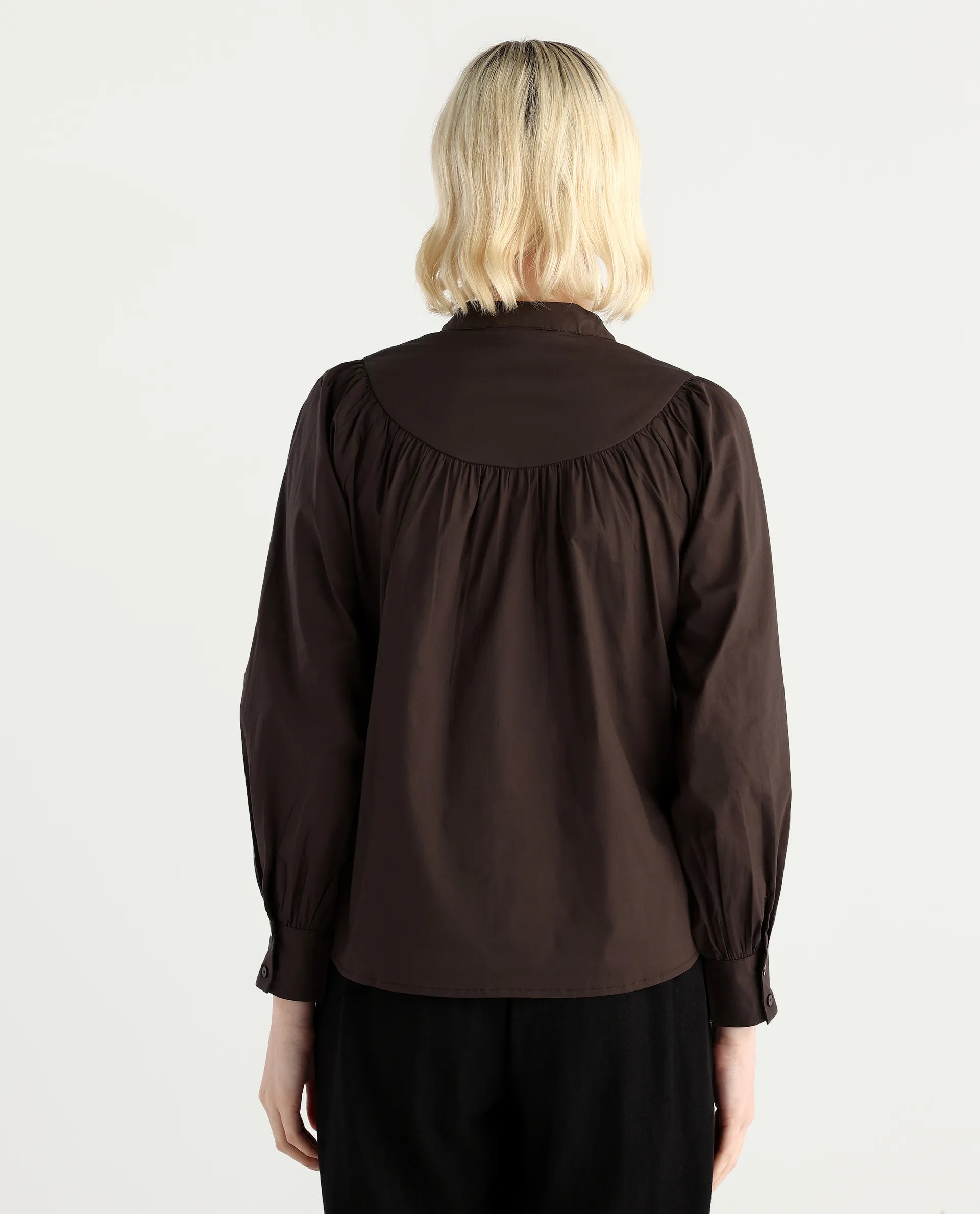 Rareism Women's Vize Brown Cotton Blend High Neck Plain Cuffed Sleeve Relaxed Fit Top