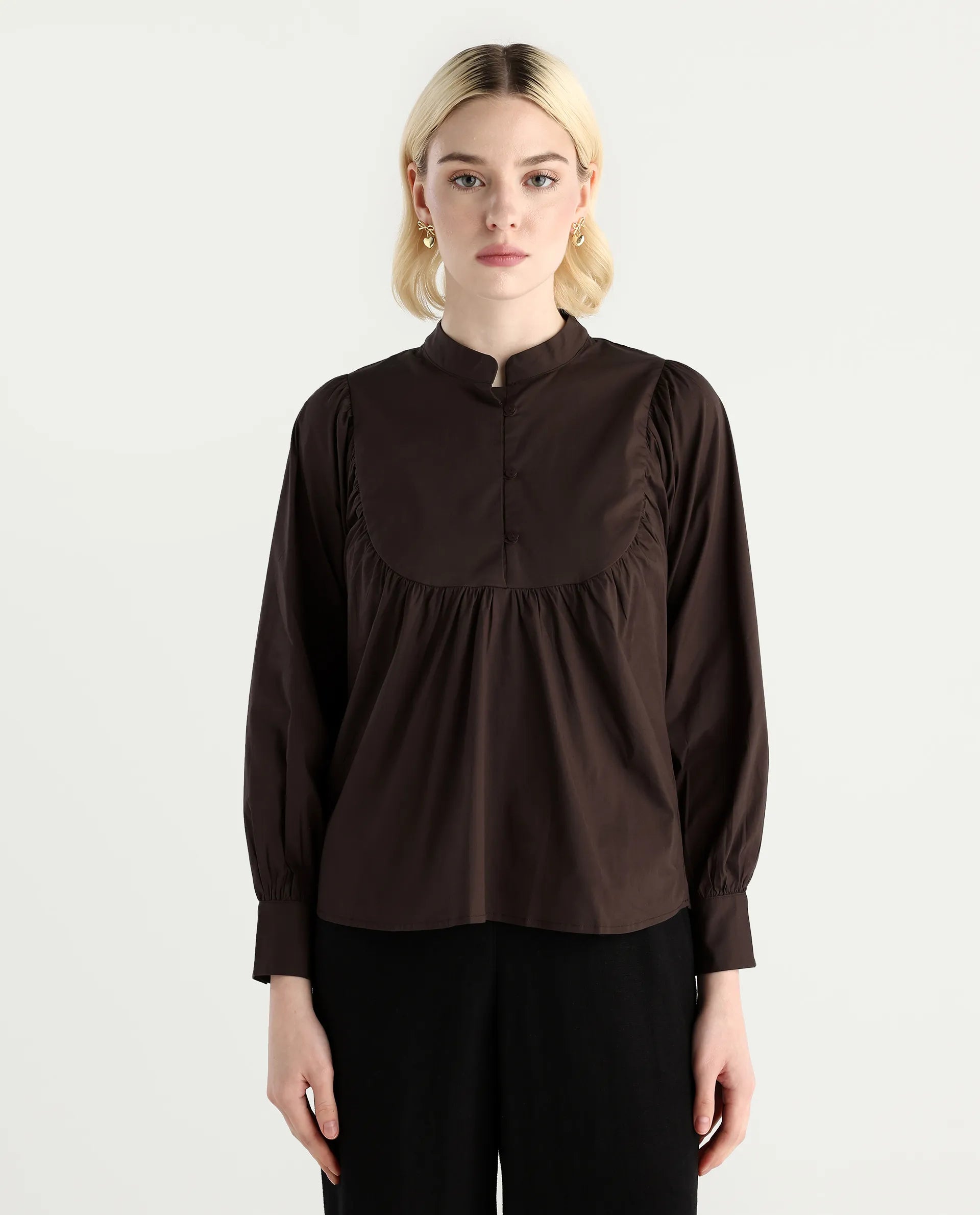 Rareism Women's Vize Brown Cotton Blend High Neck Plain Cuffed Sleeve Relaxed Fit Top