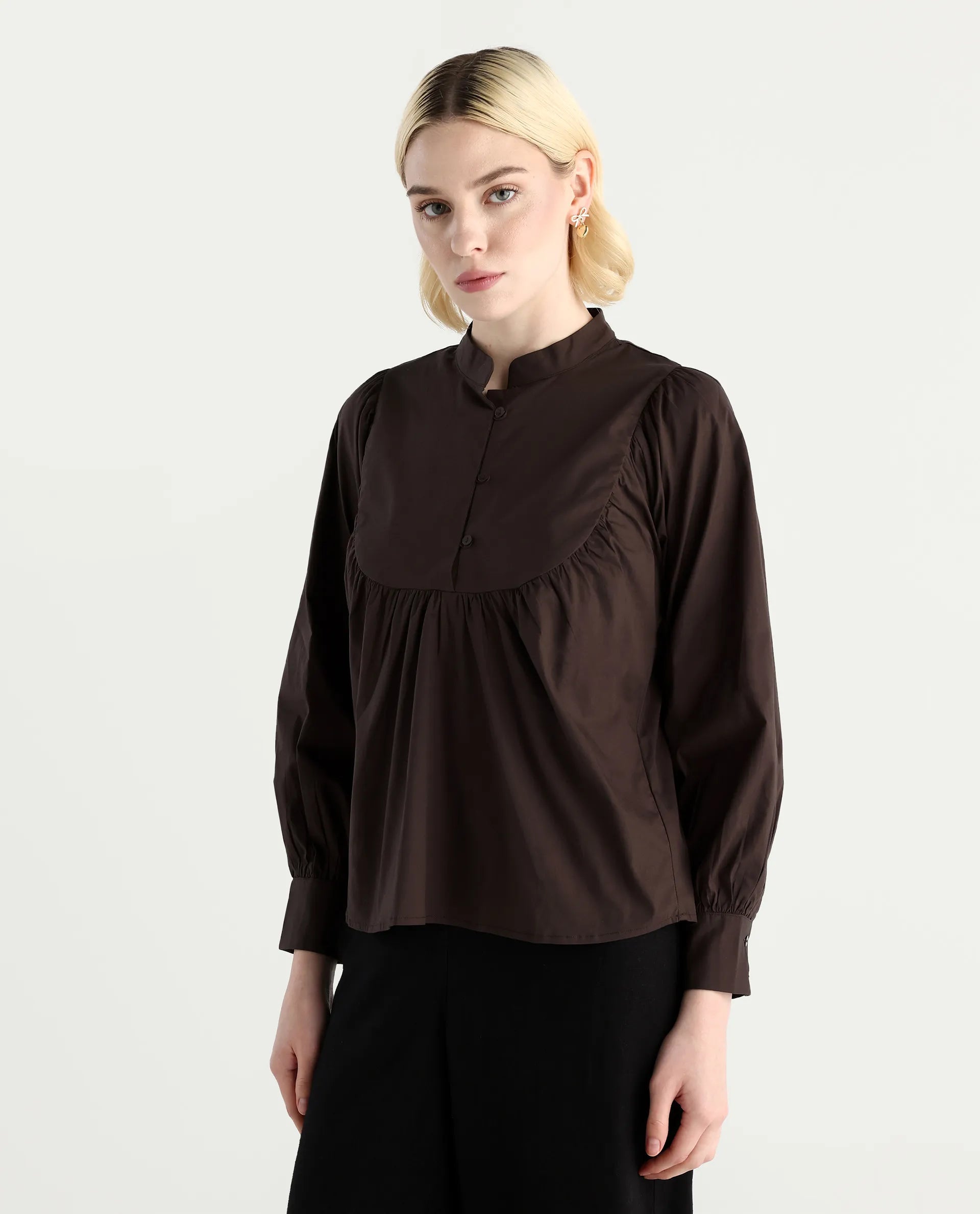 Rareism Women's Vize Brown Cotton Blend High Neck Plain Cuffed Sleeve Relaxed Fit Top