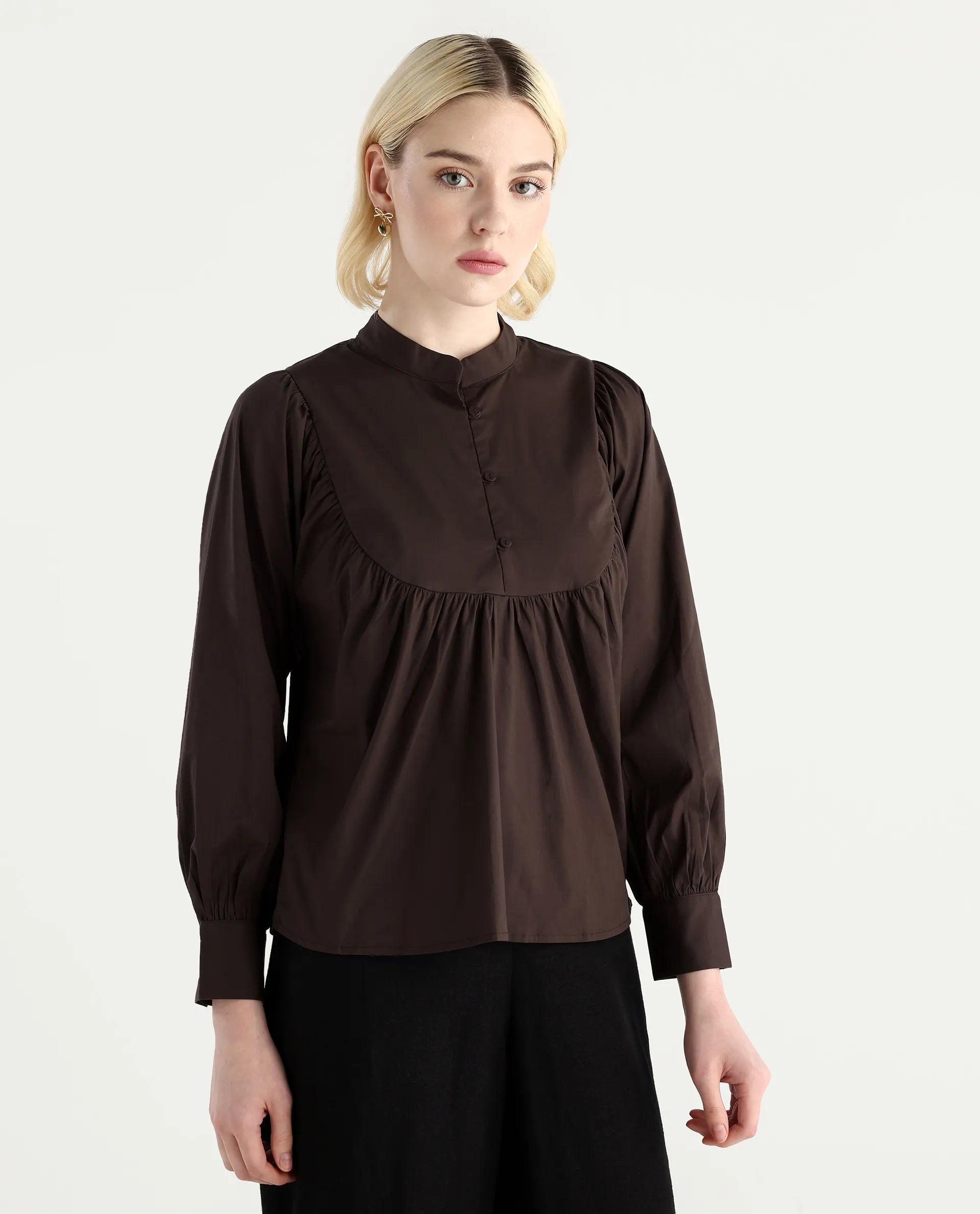 Rareism Women's Vize Brown Cotton Blend High Neck Plain Cuffed Sleeve Relaxed Fit Top