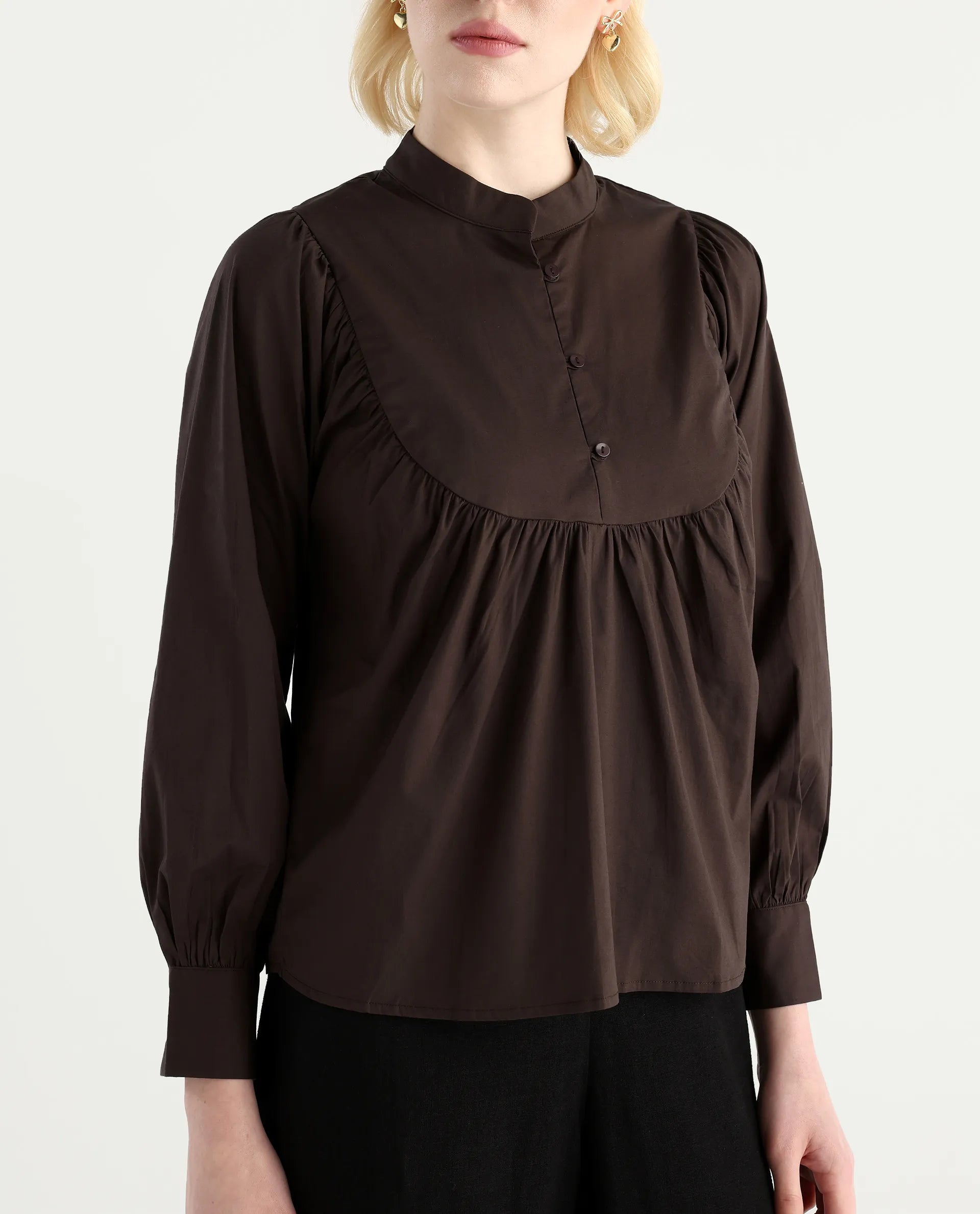 Rareism Women's Vize Brown Cotton Blend High Neck Plain Cuffed Sleeve Relaxed Fit Top